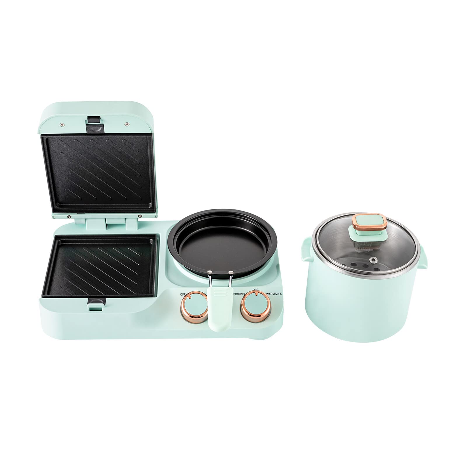 LOYALHEARTDY 3-in-1 Breakfast Station - 110V Electric Mini Toaster, Sandwich Maker with Soup Pot & Frying Pan - Perfect for Quick Breakfast, Small Kitchens & Dorms - Includes Glass Lid for Home Use