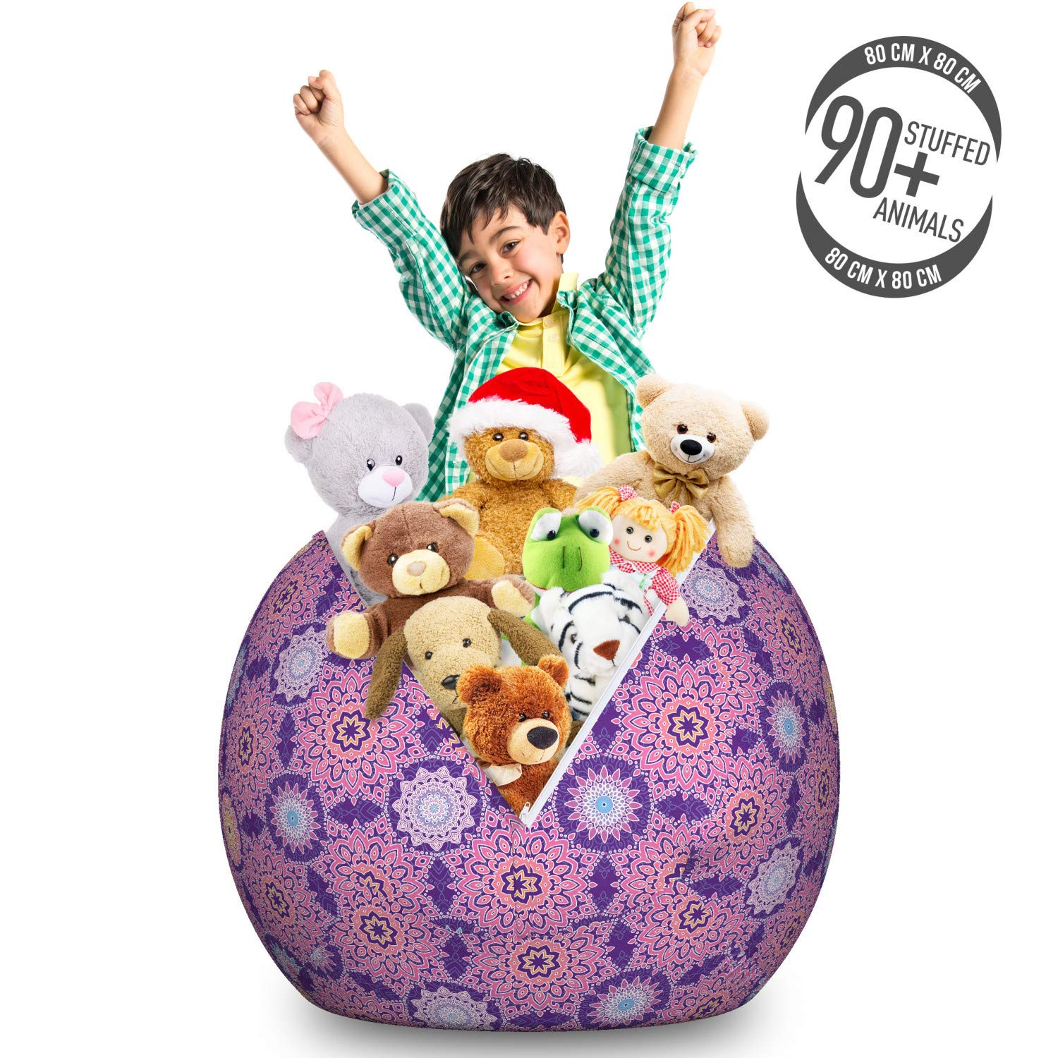 Ambesonne Ethnic Storage Toy Bag Chair - Oriental Traditional Feminine Design, Large Washable Stuffed Animal Organizer (Indigo & Multicolor) - Perfect for Kids' Room, Nursery, Playroom & Home Organization