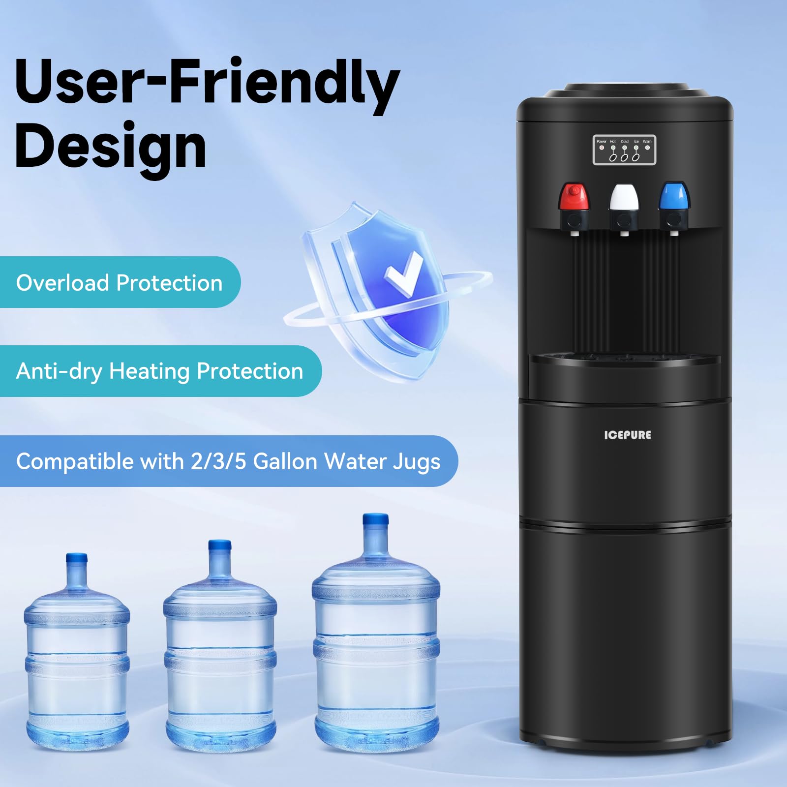 ICEPURE 3-in-1 Countertop Water Dispenser with Ice Maker - 26.5lbs/24H Bullet Ice Machine, Hot & Cold Water Cooler for 3-5 Gallon Bottles, Child Safety Lock, Black - Perfect for Home, Office, Kitchen, and Party Use