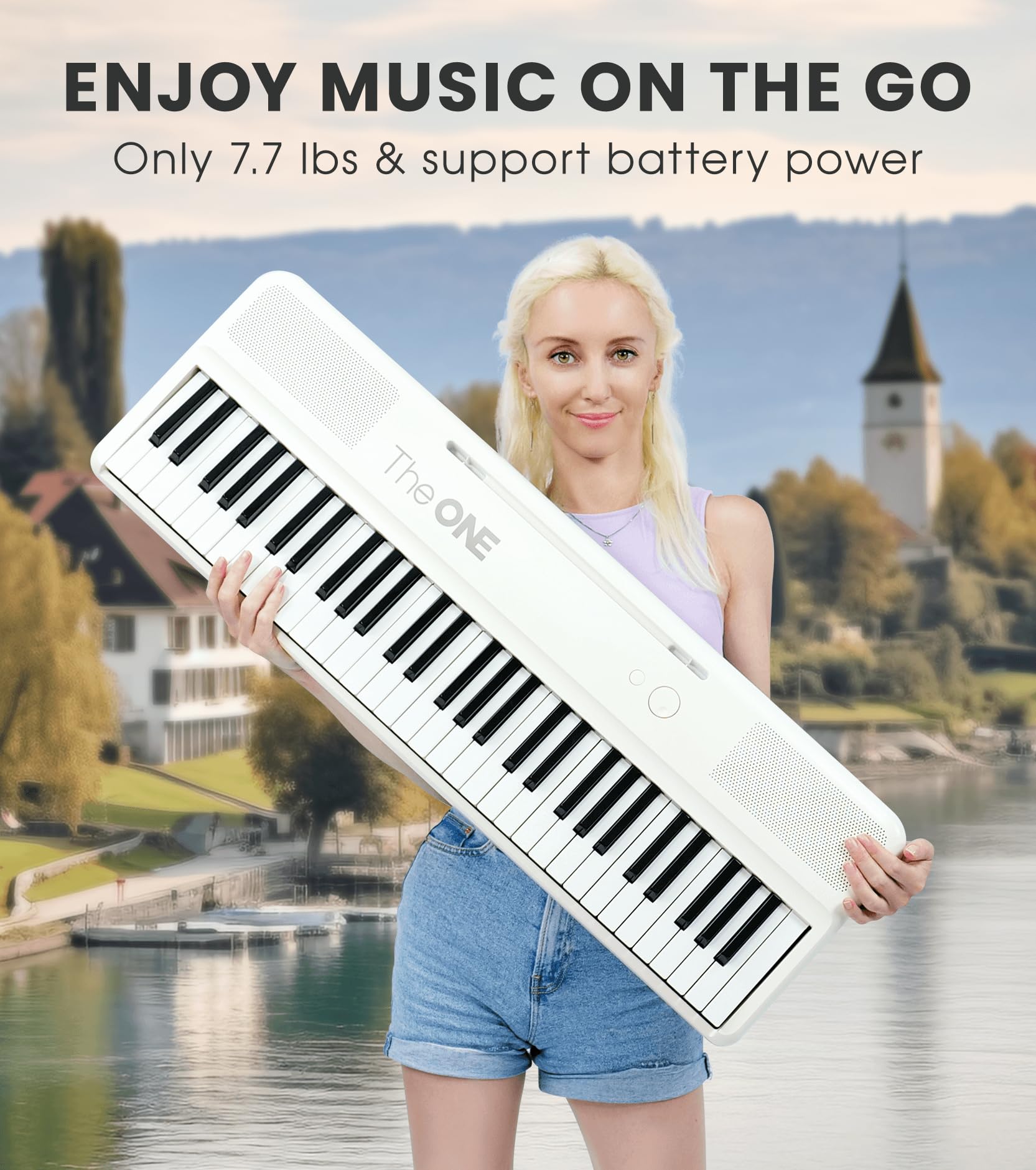 The ONE Smart Keyboard 61-Key Electric Piano with LED Lights - 256 Tones, 64 Polyphony, USB MIDI & Headphone Jack - Perfect for Beginners, Home Practice & Music Education (White)