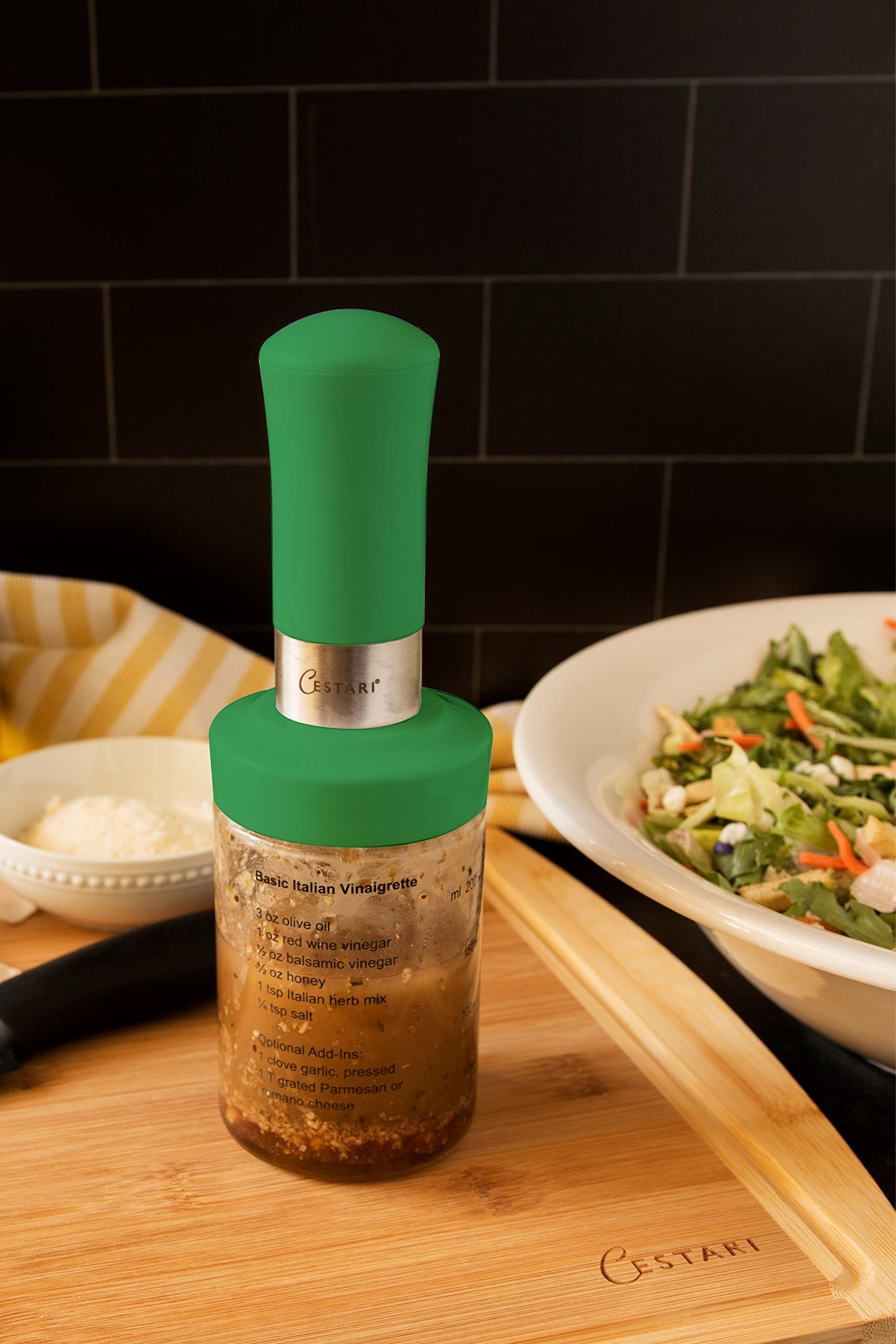 10 oz Green Glass Salad Dressing Shaker Bottle with Mixer Insert - Leak-Proof Kitchen Dispenser with Measurement Marks & Recipe Guide | Perfect for Vinaigrettes, Homemade Dressings & Cocktail Mixing
