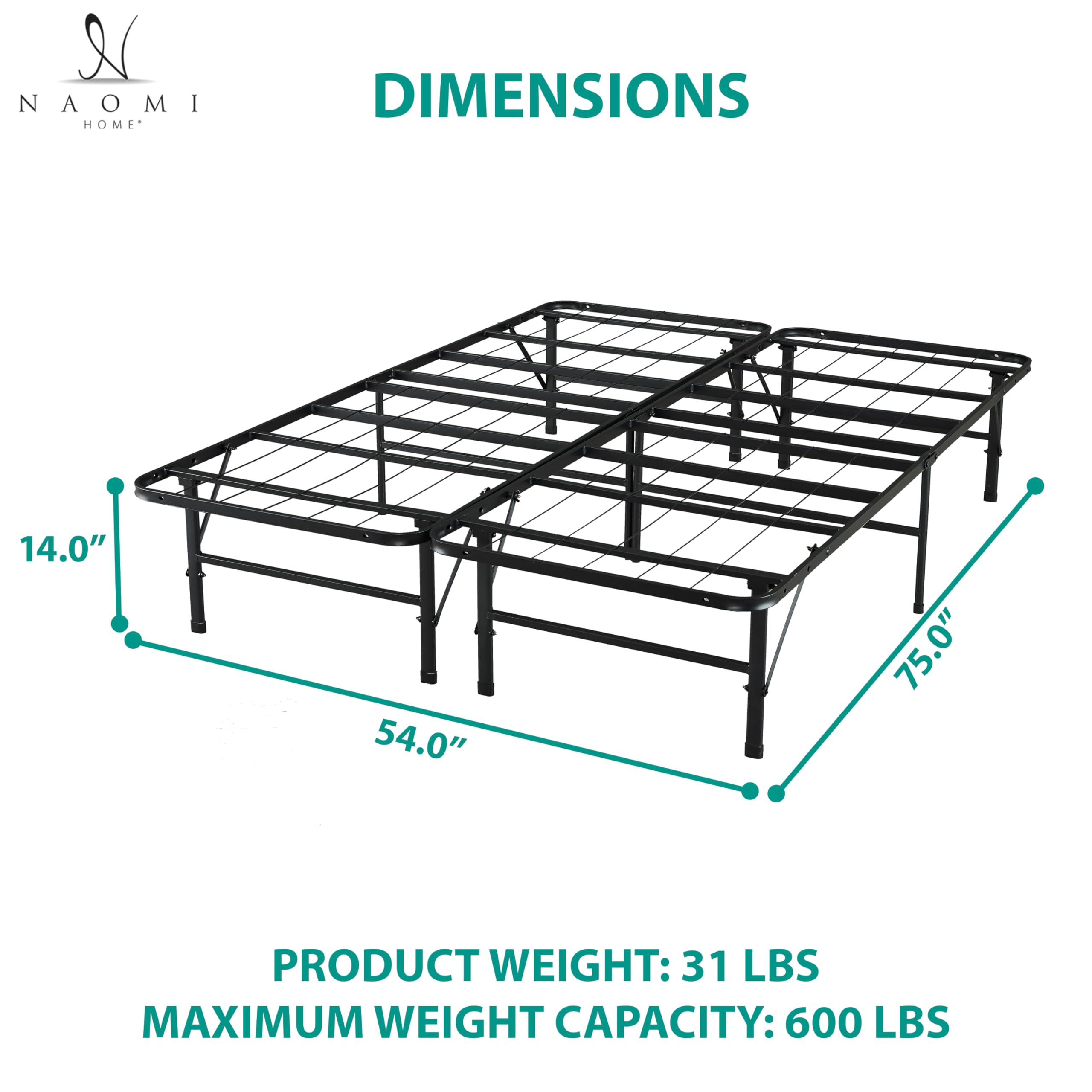 Tool-Free Assembly 14 Inch Heavy Duty Full Size Bed Frame - Foldable Steel Platform Bed with Metal Slats, 600lbs Capacity (Black) | Box Spring Replacement for Guest Rooms, Dorms & Small Spaces