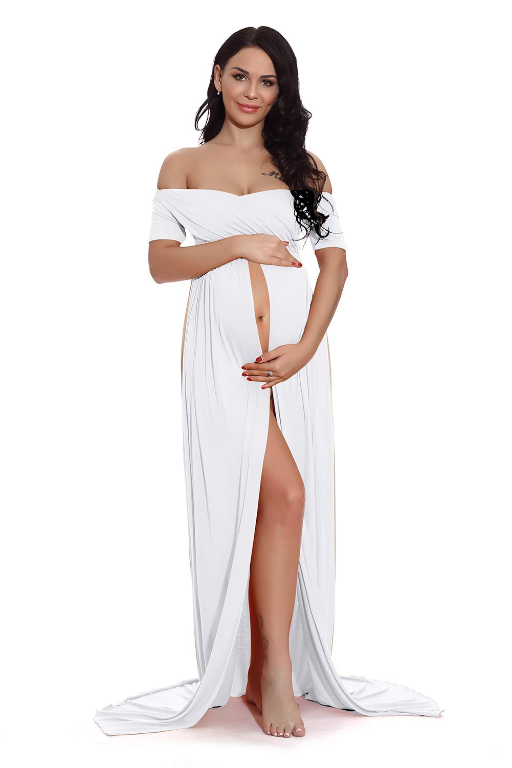 ZIUMUDY Maternity Photoshoot Dress - Off Shoulder Wrap Ruched Maxi Gown with Front Split for Pregnancy Photoshoots, Baby Showers & Special Occasions