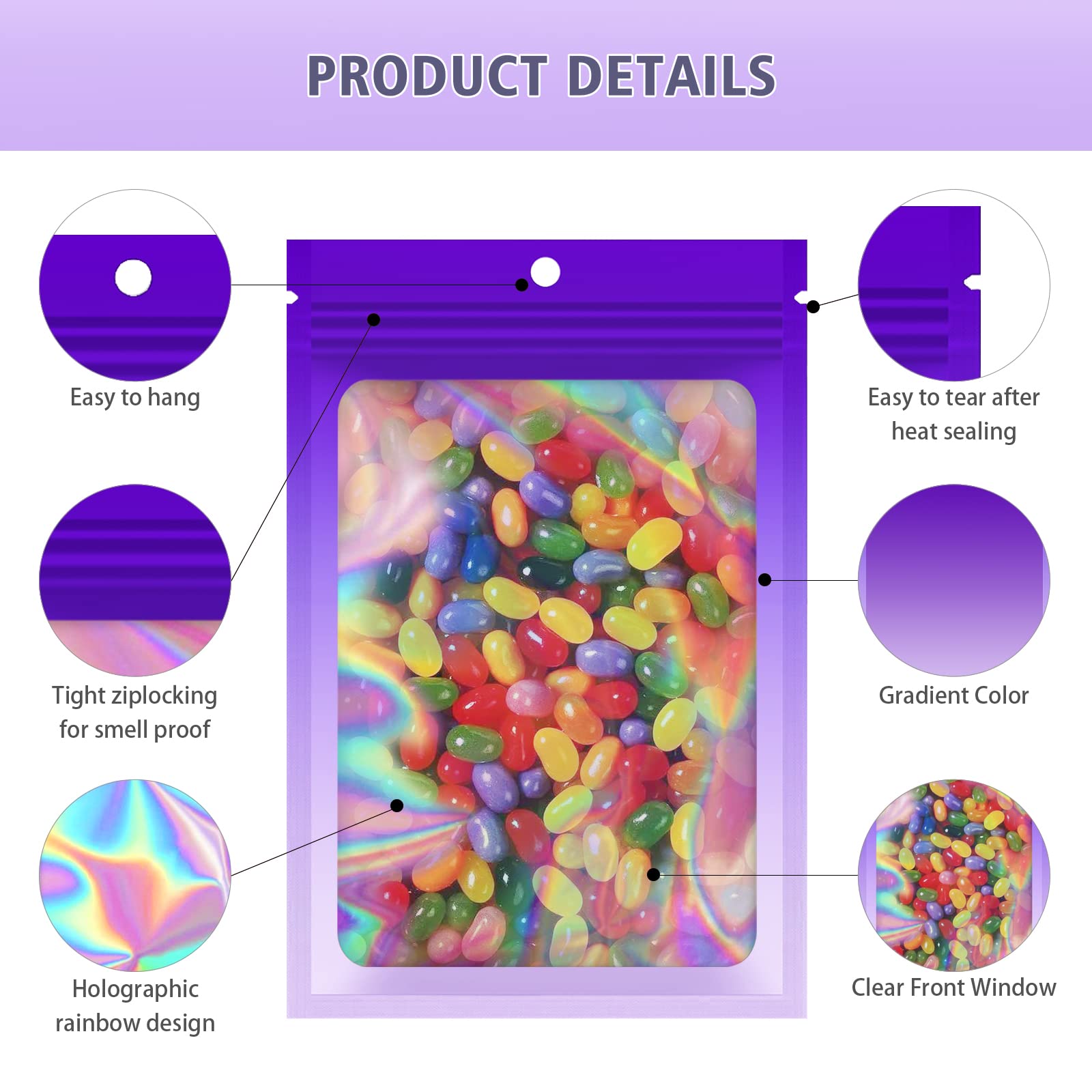 100-Piece Smell Proof Mylar Bags with Clear Window | Airtight Resealable Food Storage Bags for Party Favors, Small Business Packaging & Bulk Food Storage (2.8×4 Inch, Gradient Purple) - Perfect for Candy, Coffee, Tea, Herbs & DIY Gift Packaging