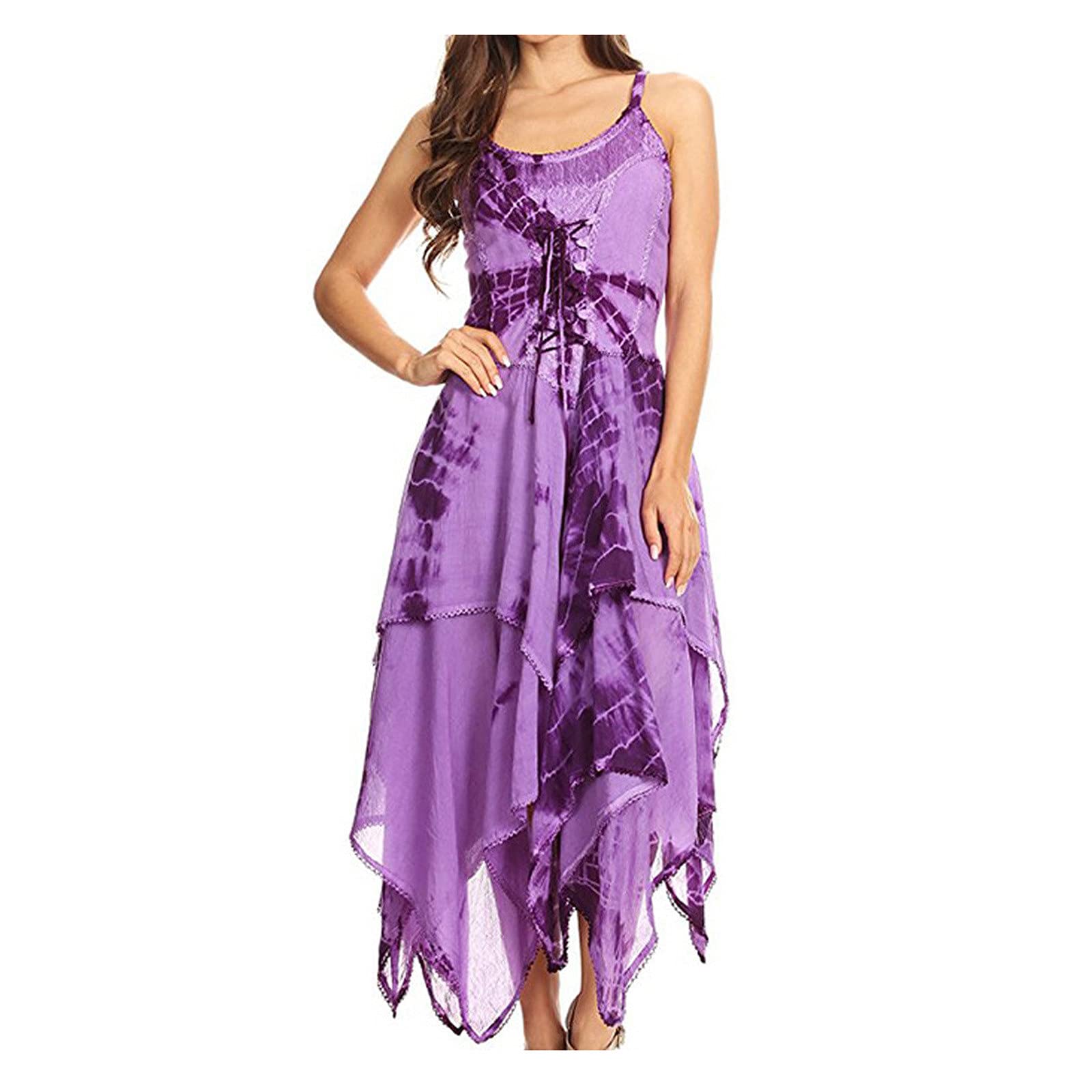 FlekmanArt Women's Print Irregular Casual Dress with Suspenders - Romantic Tie-Dye Flowy Skirt Dress for Summer, Beach, Date Night & Boho Style Outfits
