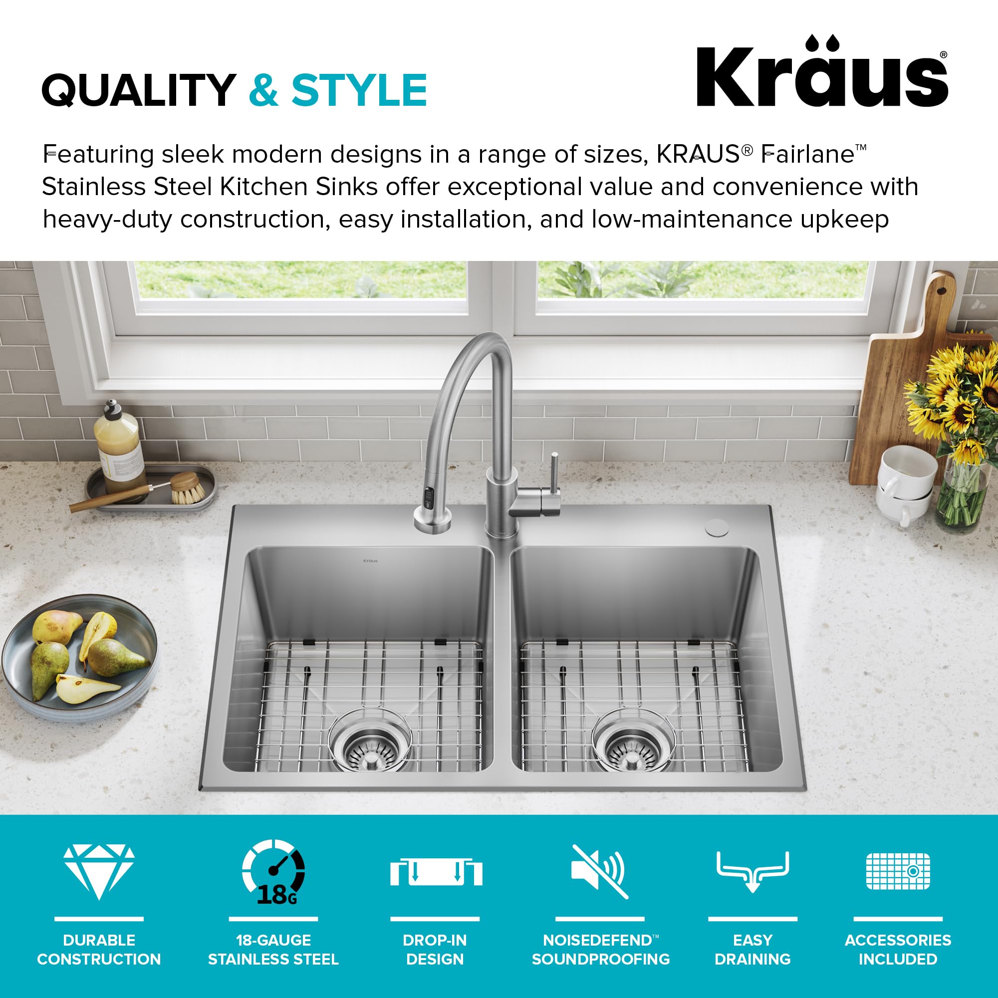 KRAUS Fairlane 33-inch Drop In/Top Mount Double Bowl 18-Gauge Stainless Steel Kitchen Sink KHT632-33 - Perfect for Modern Kitchens & Heavy-Duty Cooking