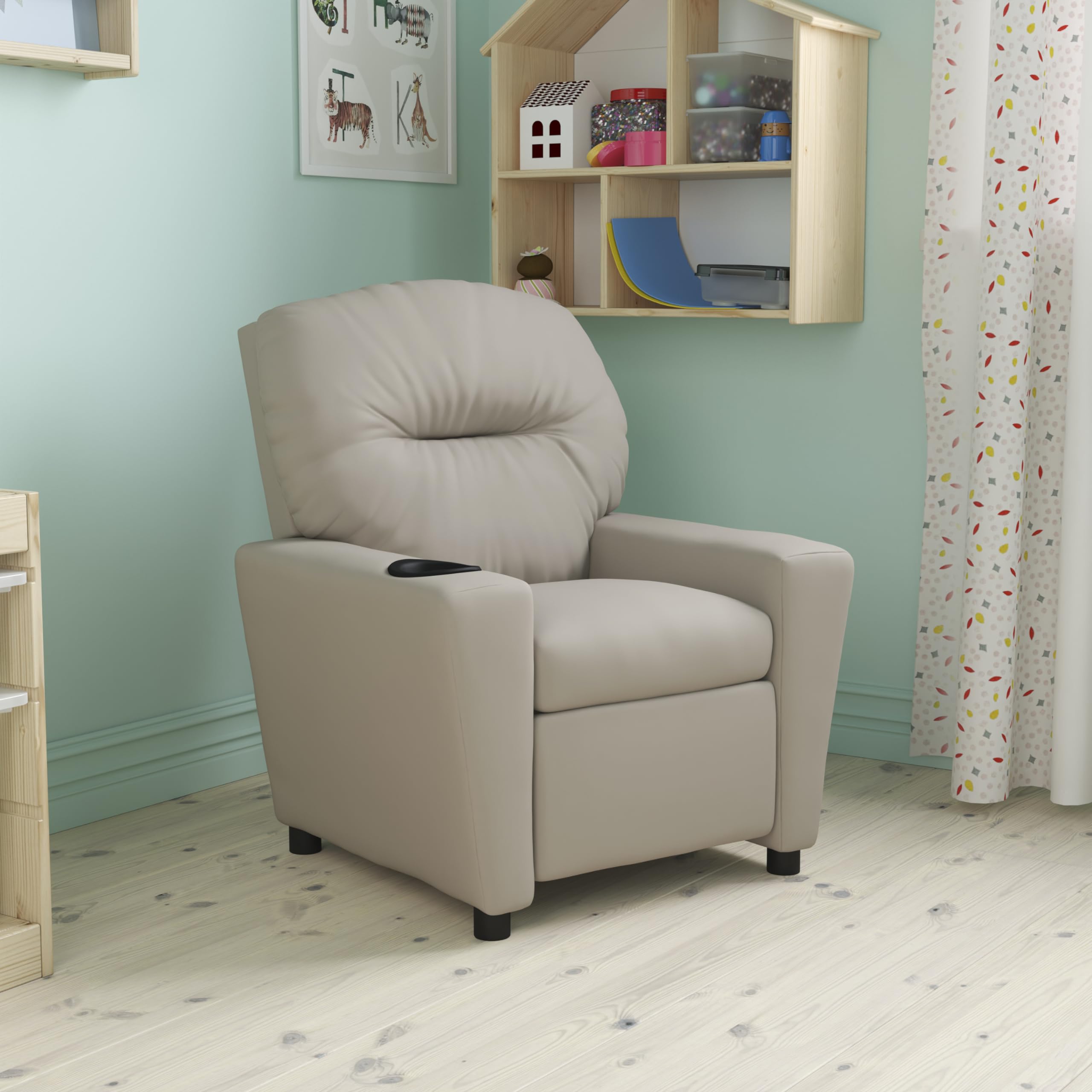 Emma & Oliver Beige Vinyl Kids Recliner Chair with Cup Holder - Comfortable Children's Lounge Chair for Playroom, Bedroom or TV Watching - Perfect Gift for Boys & Girls