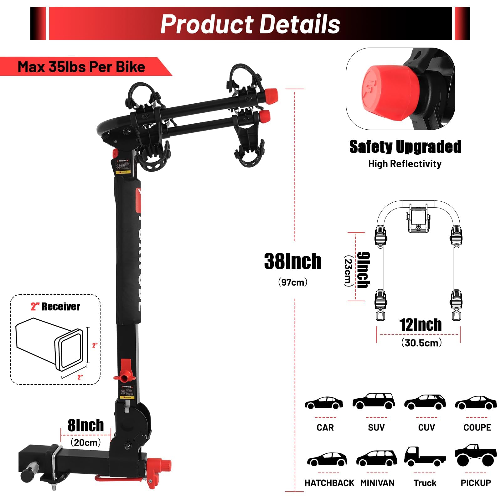 2-Bike Hitch Mount Rack for Cars - Holds 2 x 35 lbs Bicycles, Quick Release, Foldable & Wobble-Free Design with Hitch Lock - Fits 2-Inch Receiver | Perfect for Road Trips, Camping & Outdoor Adventures