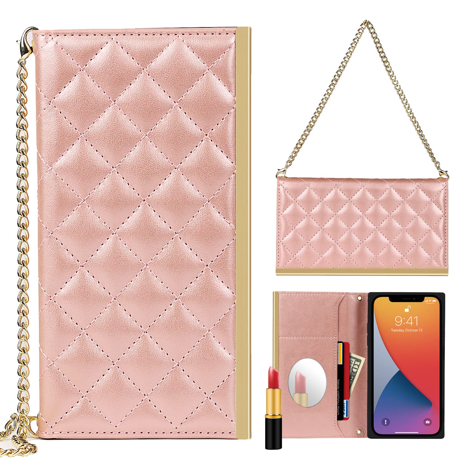 UnnFiko Wallet Case for iPhone 12 Pro Max - Premium TPU Leather Bag Design with Makeup Mirror & Hand Strap - Flip Card Pouch Cover (Rose Gold) | Perfect for Travel, Shopping & Everyday Use