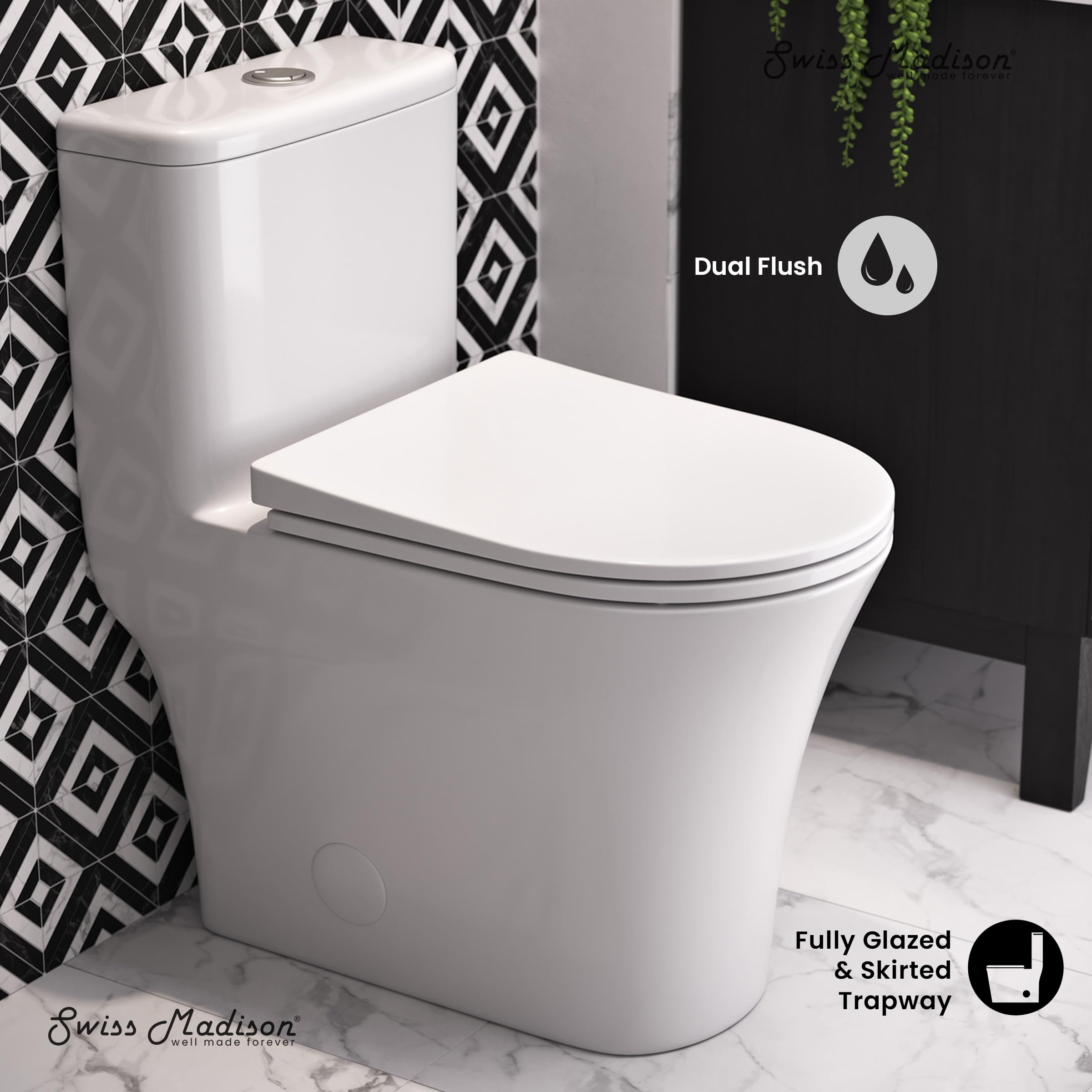 Swiss Madison Cascade One Piece Toilet - Modern ADA Compliant Elongated Dual Flush 1.1/1.6 GPF Bathroom Toilet in Glossy White | Perfect for Small Bathrooms, Master Suites & Commercial Spaces