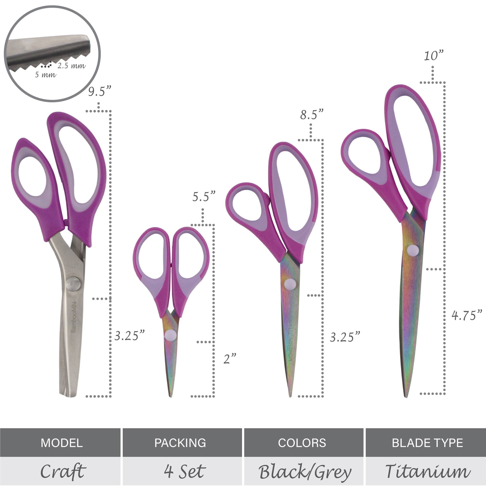 JubileeYarn Titanium Softgrip Scissors Set - 10 Pack of 4 Sharp Precision Scissors for Sewing, Fabric Cutting, Arts & Crafts, Office Use - Perfect for Quilting, Dressmaking, DIY Projects & School Supplies - Purple