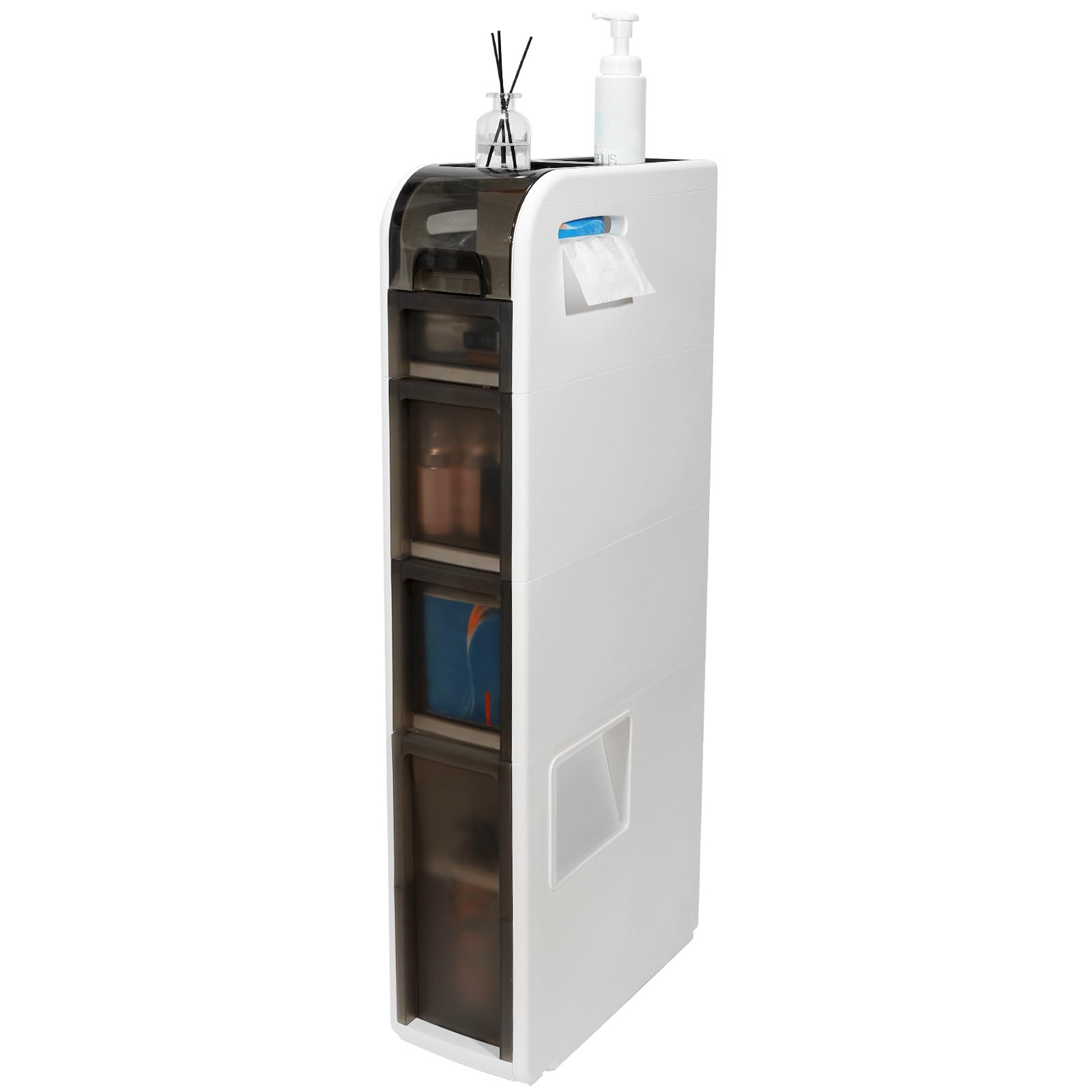 Slim Waterproof Narrow Bathroom Storage Cabinet with Drawers & Toilet Paper Holder - Compact 4-Tier Organizer for Small Spaces - Perfect for Bathroom, Toilet, Vanity & Apartment Storage Organization