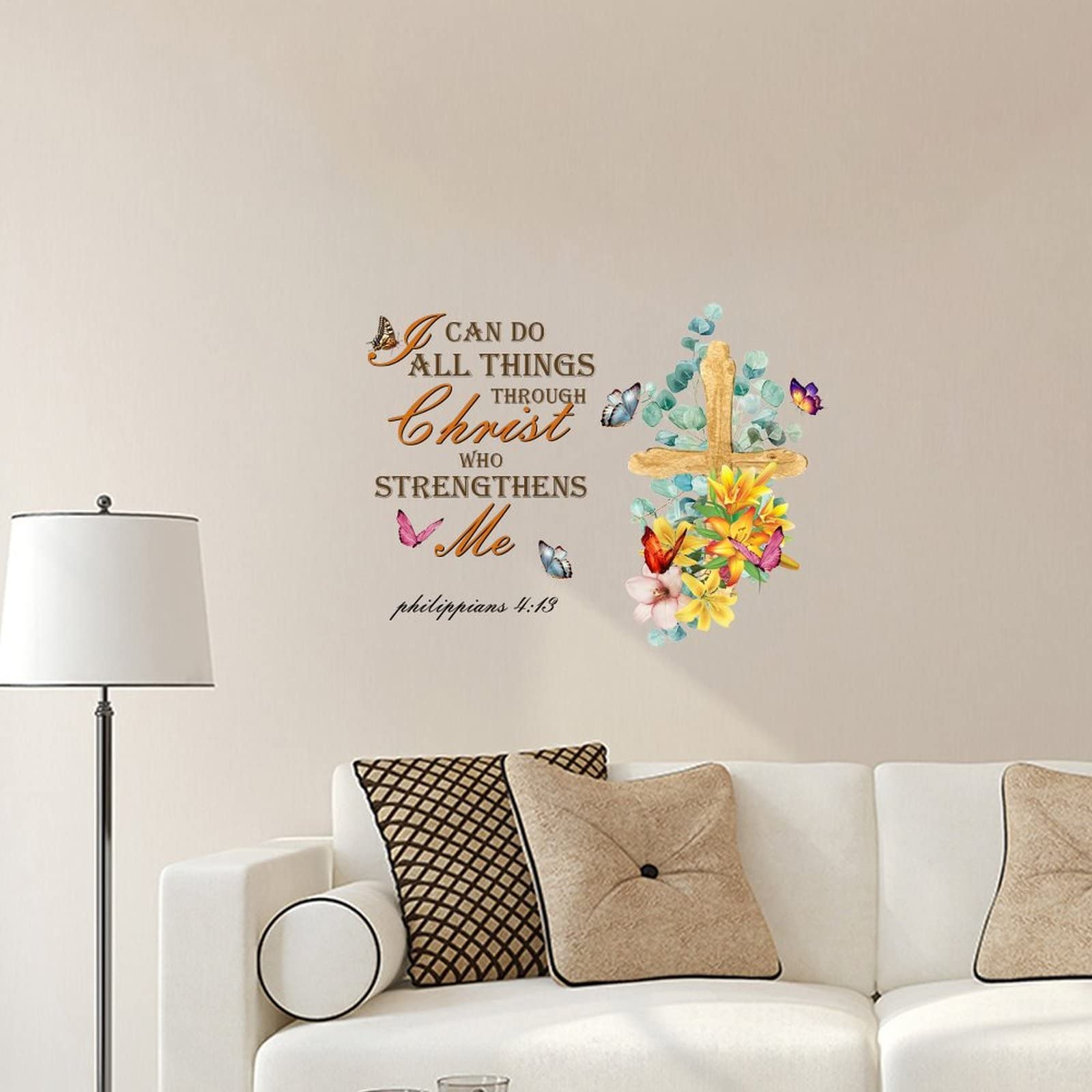 Custom Inspirational Wall Decal - 'I Can Do All Things Through Christ' Bible Verse with Lily Flower & Cross Design - 22 Inch Religious Wall Stickers for Bedroom, Living Room, Office - Perfect for Christian Home Decor & Gift Giving