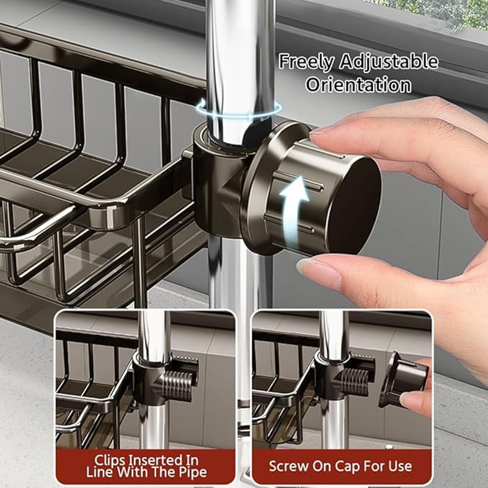 Stainless Steel Kitchen Sink Faucet Organizer - Over the Sink Storage Rack for Sponges, Brushes & Cleaning Supplies - Fits 0.7-1.1 Inch Round Water Pipes (Black, Right) | Perfect for Small Kitchen Organization & Clutter-Free Sink Area