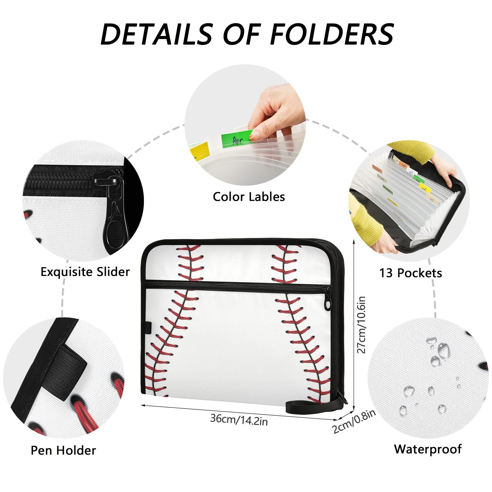 VIGTRO 13-Pocket Accordion File Organizer with Zipper & Labels - Red Stitching Baseball Design Expanding File Folder for A4 Documents - Perfect for Office, Classroom & Sports Team Organization