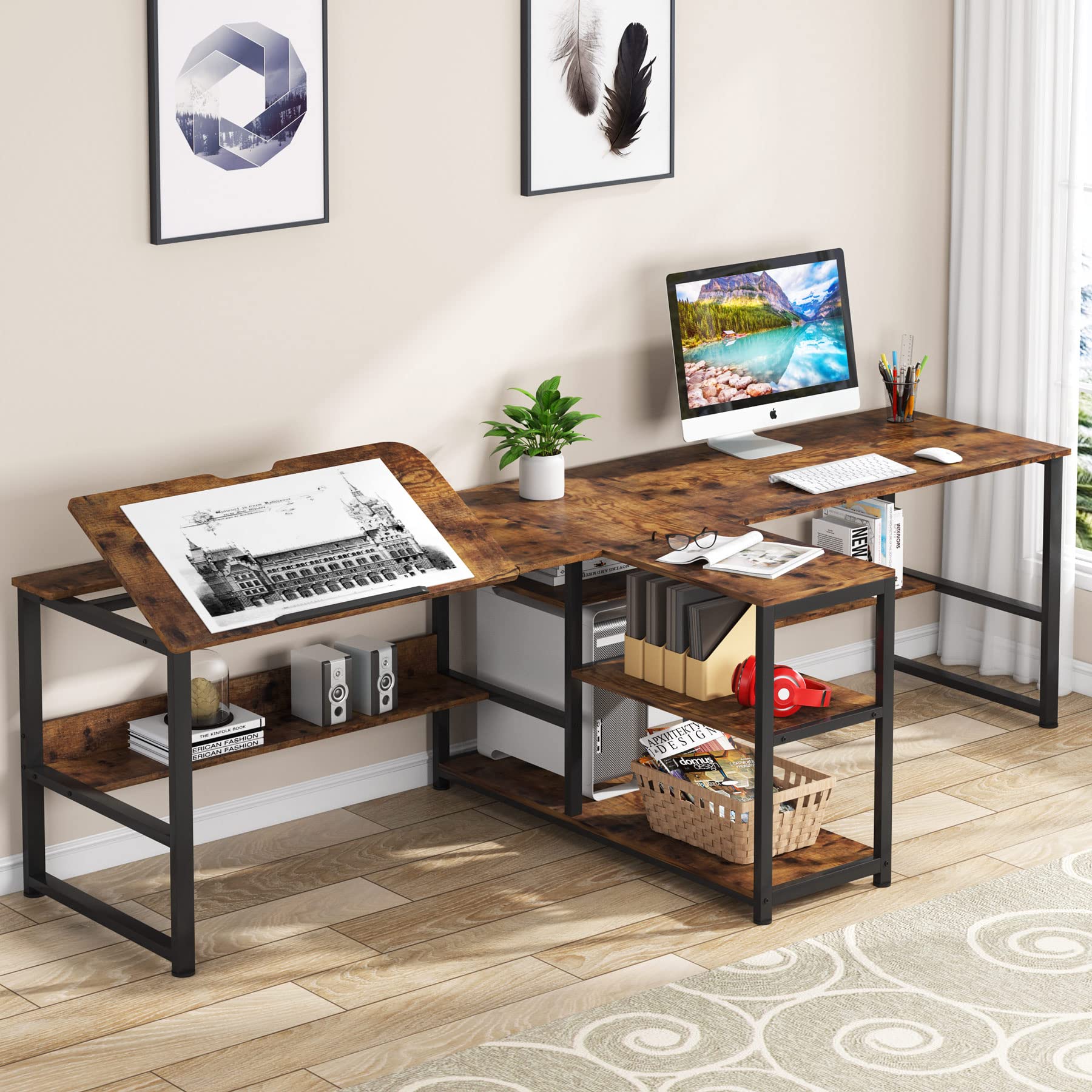 94.5 Inch Large Two Person Computer Desk with Storage Shelves - Double Workstation Desk with Adjustable Tilt Tabletop, Extra Long Study Writing Table with Printer Shelf - Perfect for Home Office, Gaming Setup, Remote Work & Study (Brown)