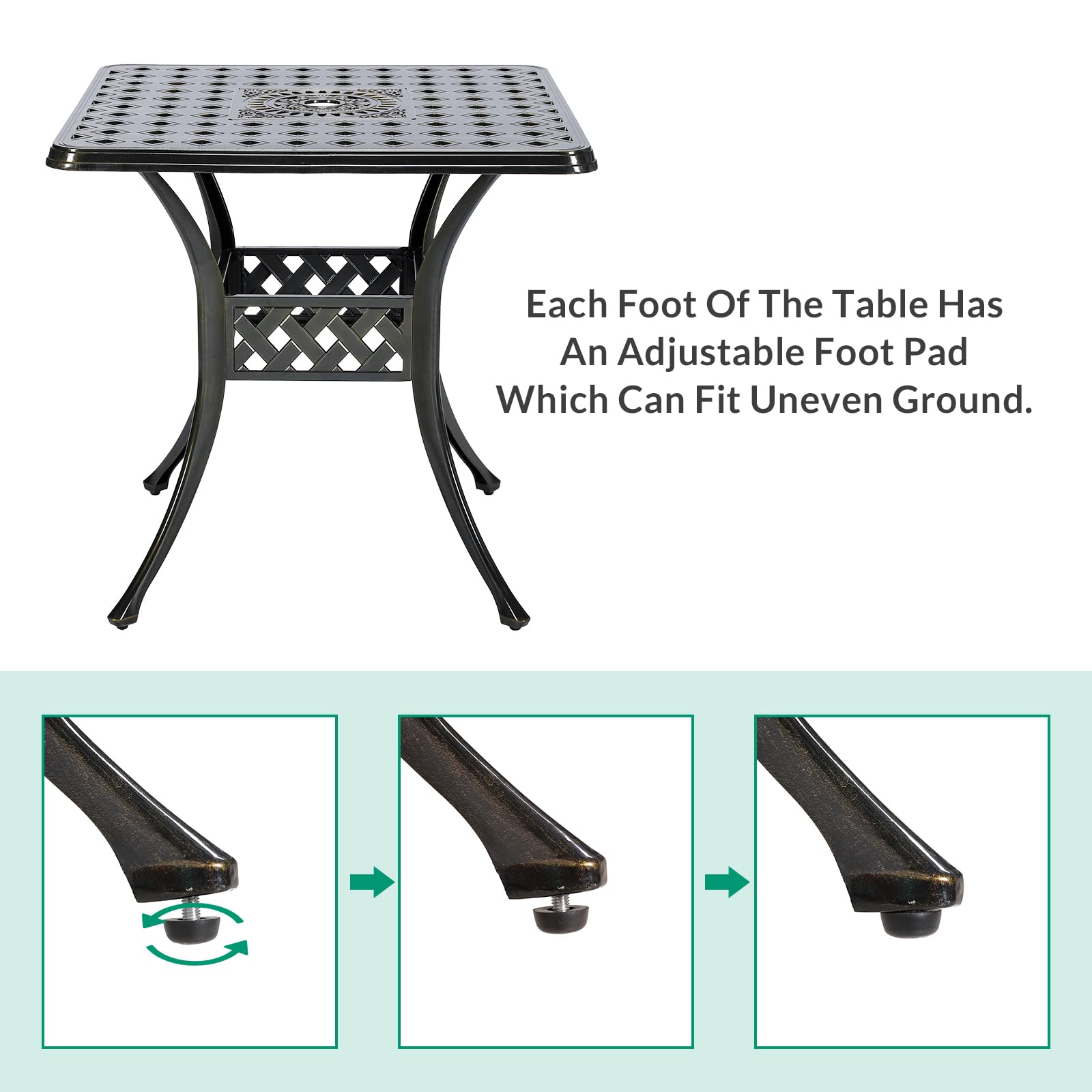 VIVIJASON 30.5 Inch Square Outdoor Patio Dining Table - Bronze Cast Aluminum Weather-Resistant Table with Umbrella Hole - Perfect for Backyard, Garden, Poolside & BBQ Gatherings