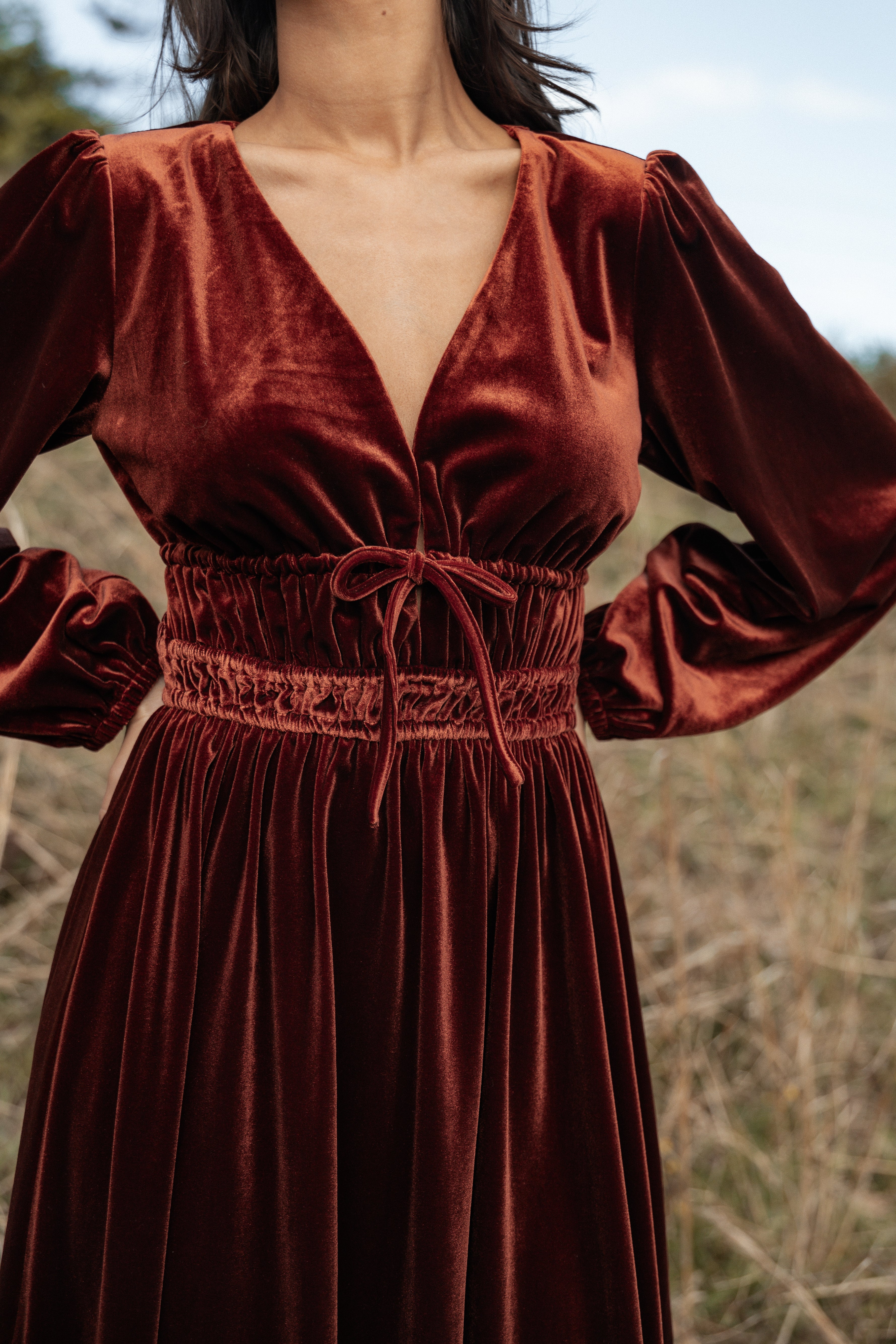 Cece Velvet Long Sleeve Maxi Dress for Women - Elegant Rust Color Fall Dress for Parties, Weddings & Special Occasions