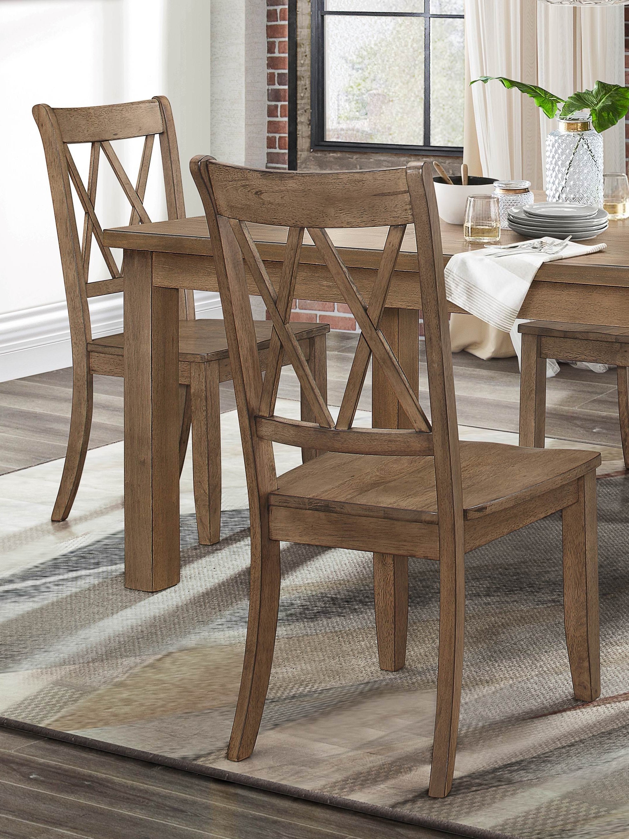 Set of 2 Casual Brown Pine Veneer Side Chairs with Double X Back Design - Transitional Dining Room Furniture for Kitchen, Breakfast Nook & Small Spaces
