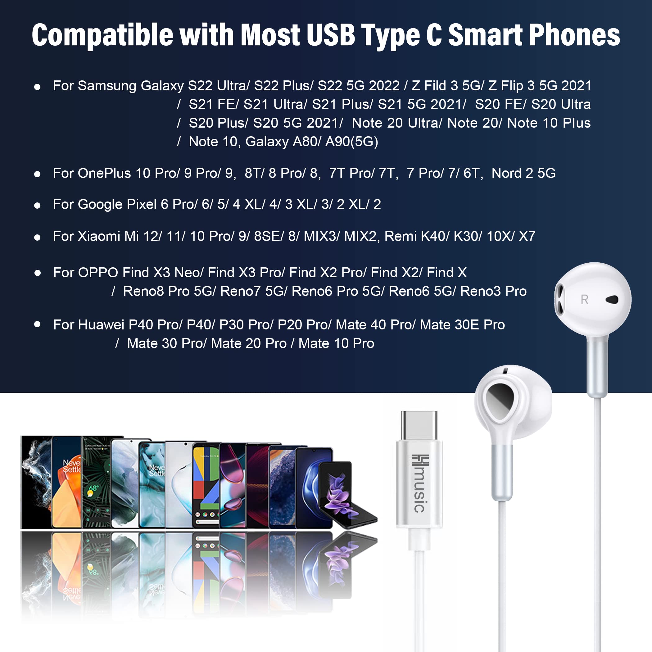 Hmusic USB C Headphones with Mic - Wired Type C Earphones, Magnetic In-Ear Earbuds with Volume Control - Compatible with Samsung Galaxy, Google Pixel, Xiaomi Android Phones (White) - Perfect for Commuting, Workouts & Gaming