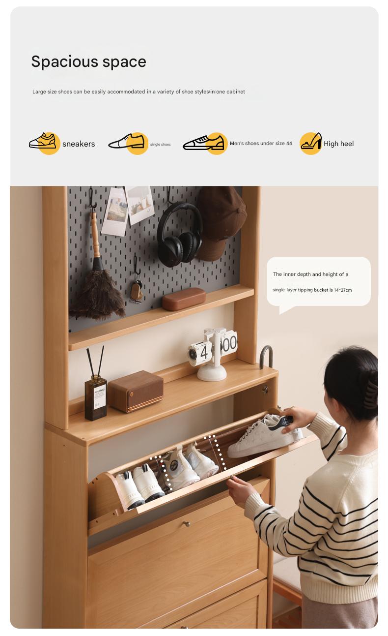 Beech Solid Wood Ultra Thin Flip Shoe Cabinet - Space Saving Shoe Storage for Entryway, Closet & Small Apartments