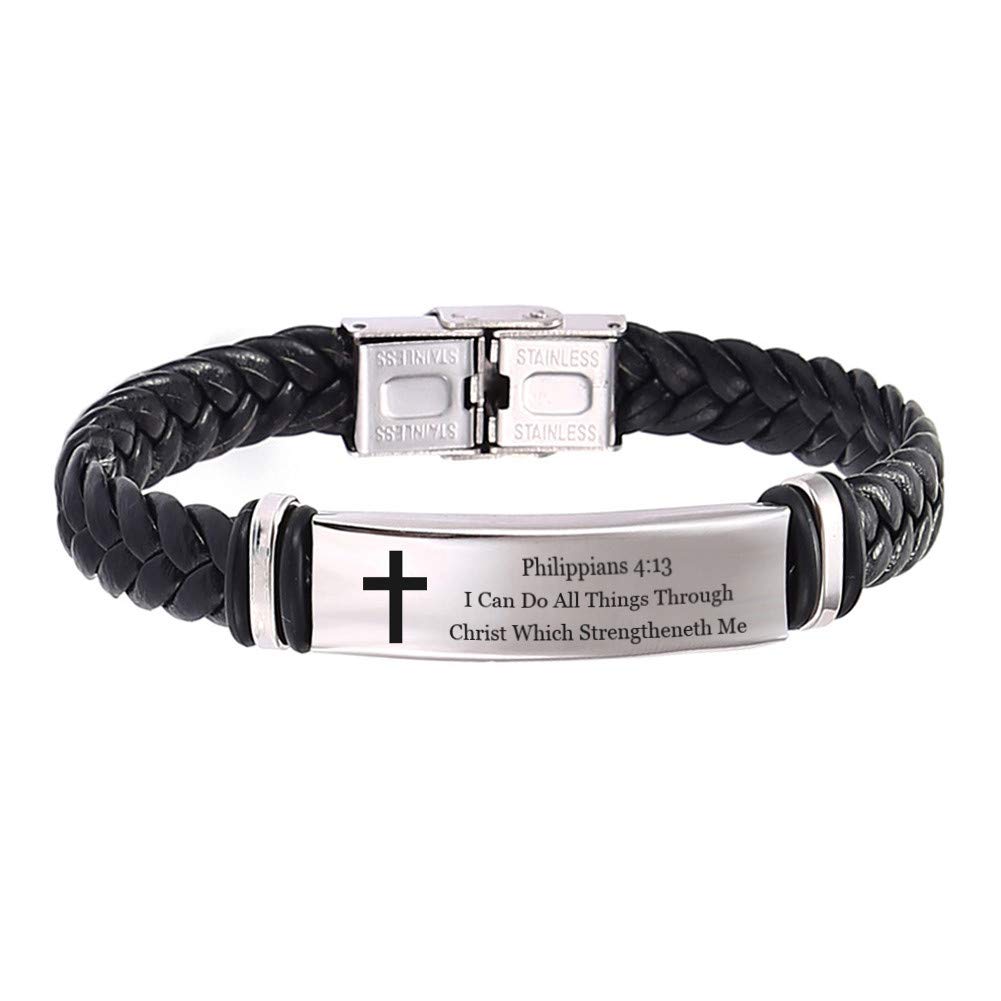 Men's Bible Verse Bracelet - Stainless Steel Leather Cross Cuff for Baptism & Gifts
