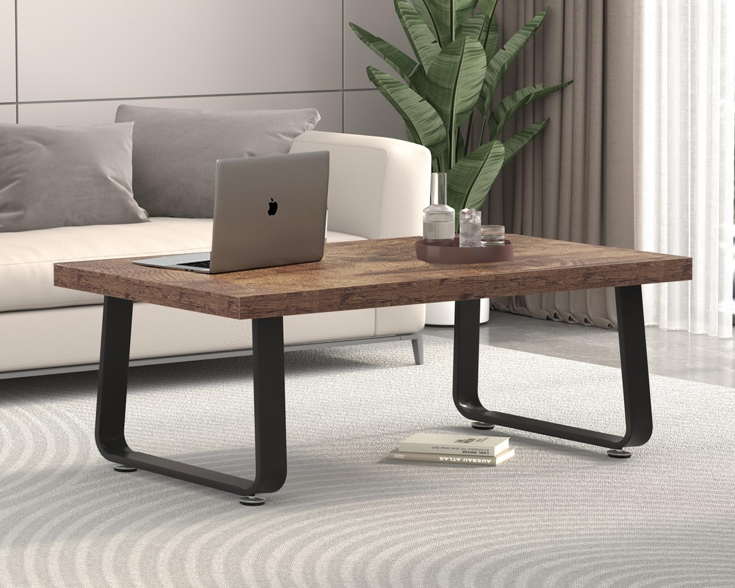HSH Industrial Modern Wooden Coffee Table - 47 Inch Rectangle Rustic Brown Farmhouse Center Table for Living Room, Bedroom & Home Office - Minimalist Wood & Metal Cocktail Tea Table for Small Spaces & Apartment Decor