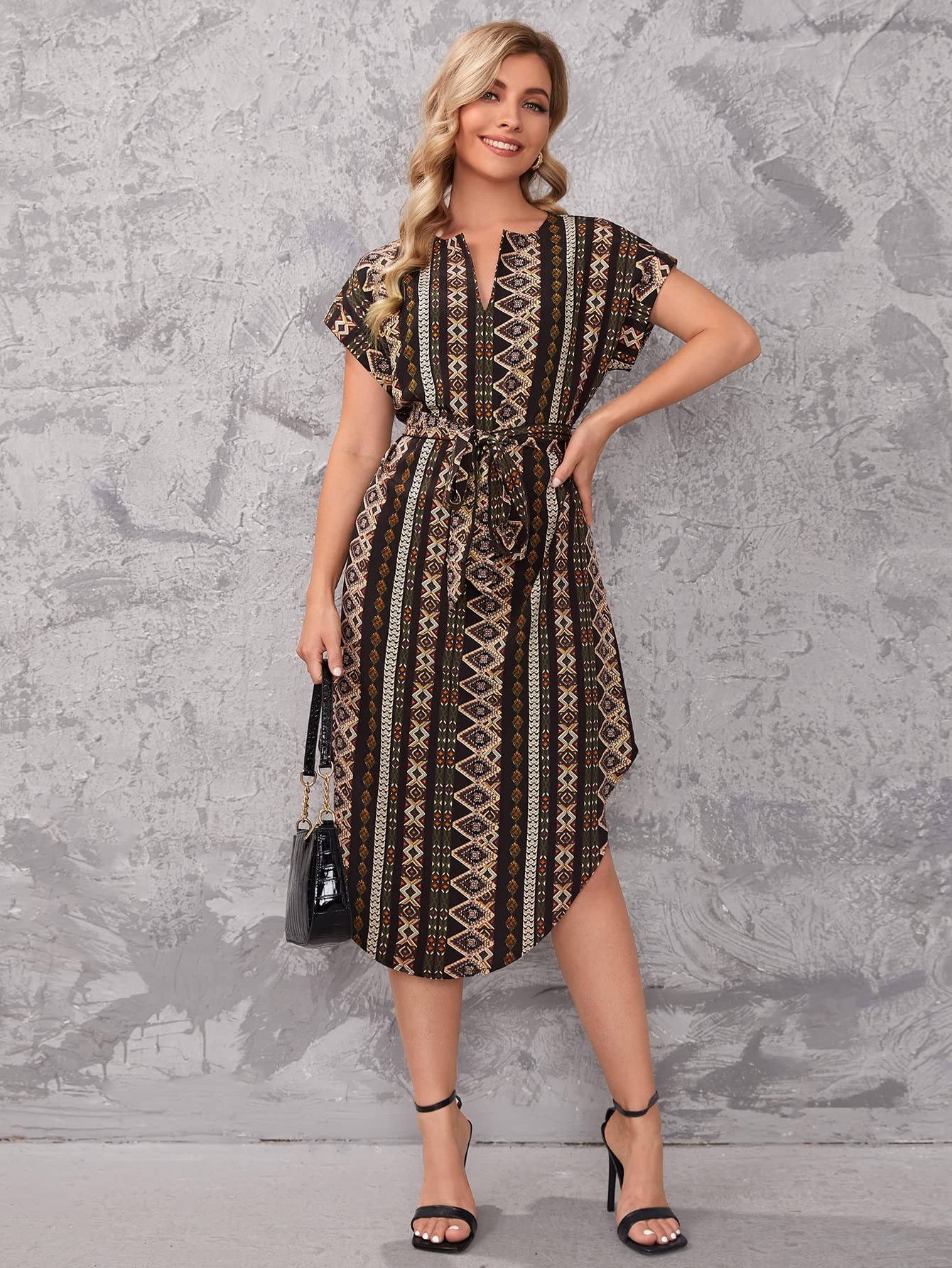 Women's Summer Short Sleeve Belted Midi Dress - XS Multicolor Beach Dress for Casual Outings & Vacation Wear