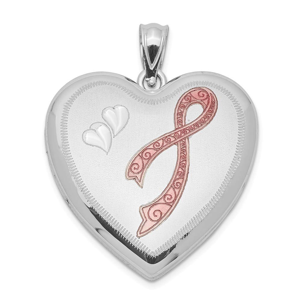 Jewels By Lux Sterling Silver Rhodium-Plated 24mm Enameled Pink Ribbon Heart Locket Necklace - Perfect for Breast Cancer Awareness, Valentine's Day Gifts & Special Occasions