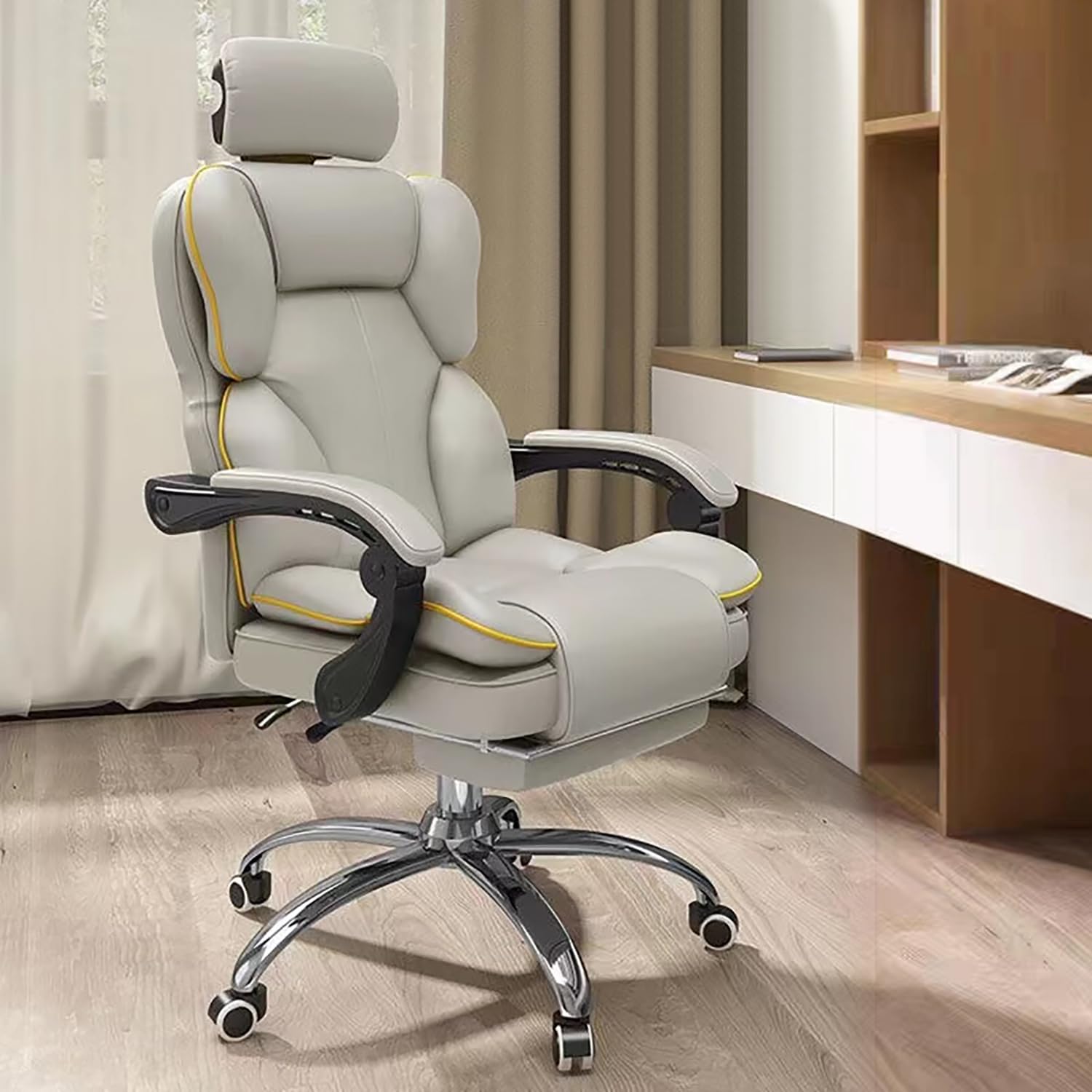 Ergonomic Office Chair with High Back Cushion & Lumbar Support - Adjustable PU Leather Computer Desk Chair with Footrest for Home Office, Gaming & Workstation - Grey (Perfect for Long Work Hours & Comfortable Gaming Sessions)