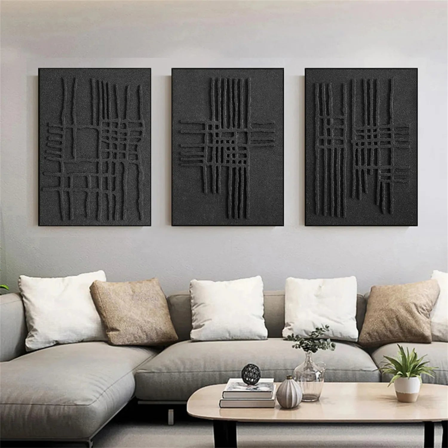 Black Minimalist Textured Painting Canvas Set of 3 - Modern Abstract Wall Art for Living Room, Bedroom & Office Decor #MZ119