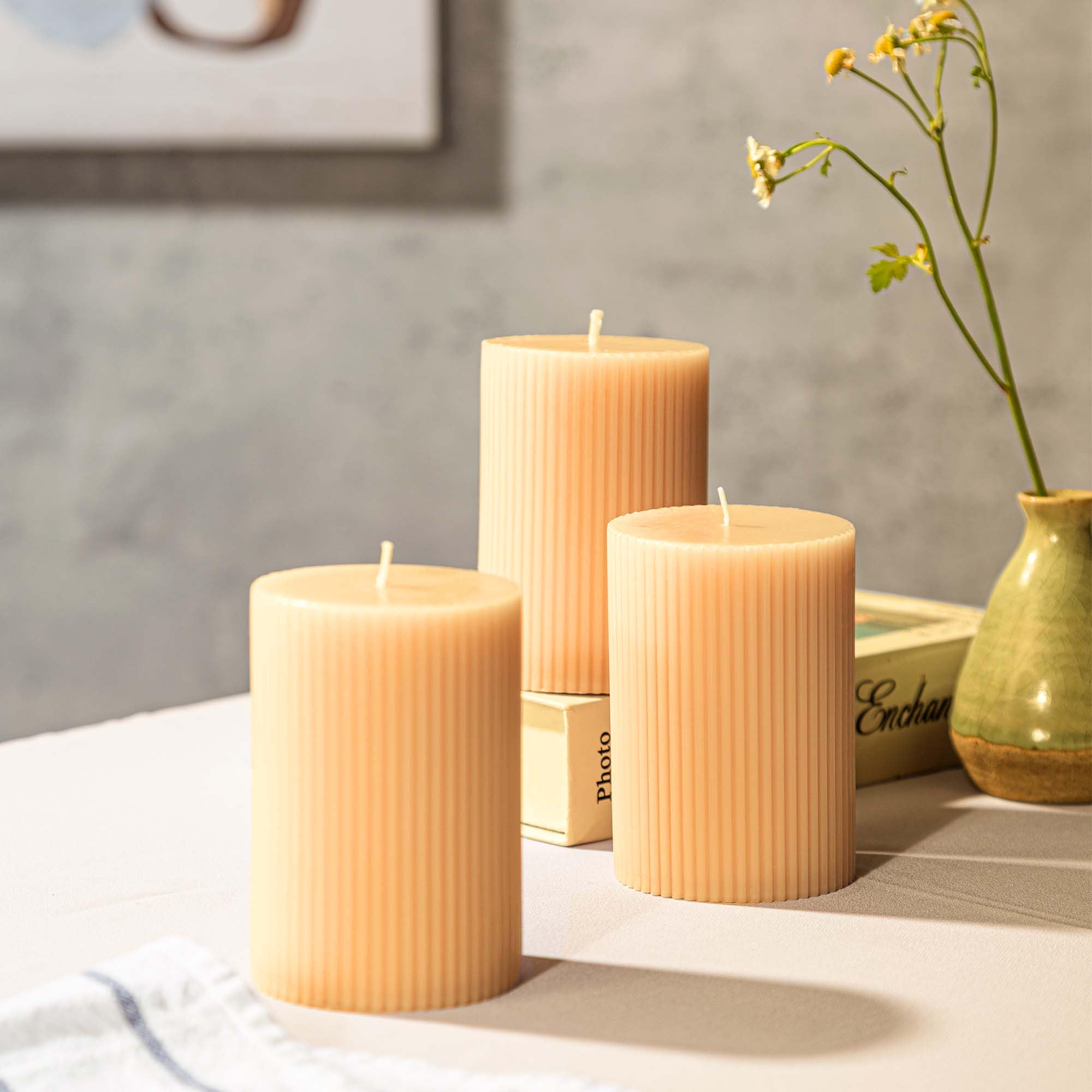 Premium Ribbed Pillar Candles - Champagne Yellow Unscented 2.75x4 Inch Textured Handmade Candles (3-Pack) - Elegant Home Decor for Weddings, Dinner Parties & Romantic Ambiance