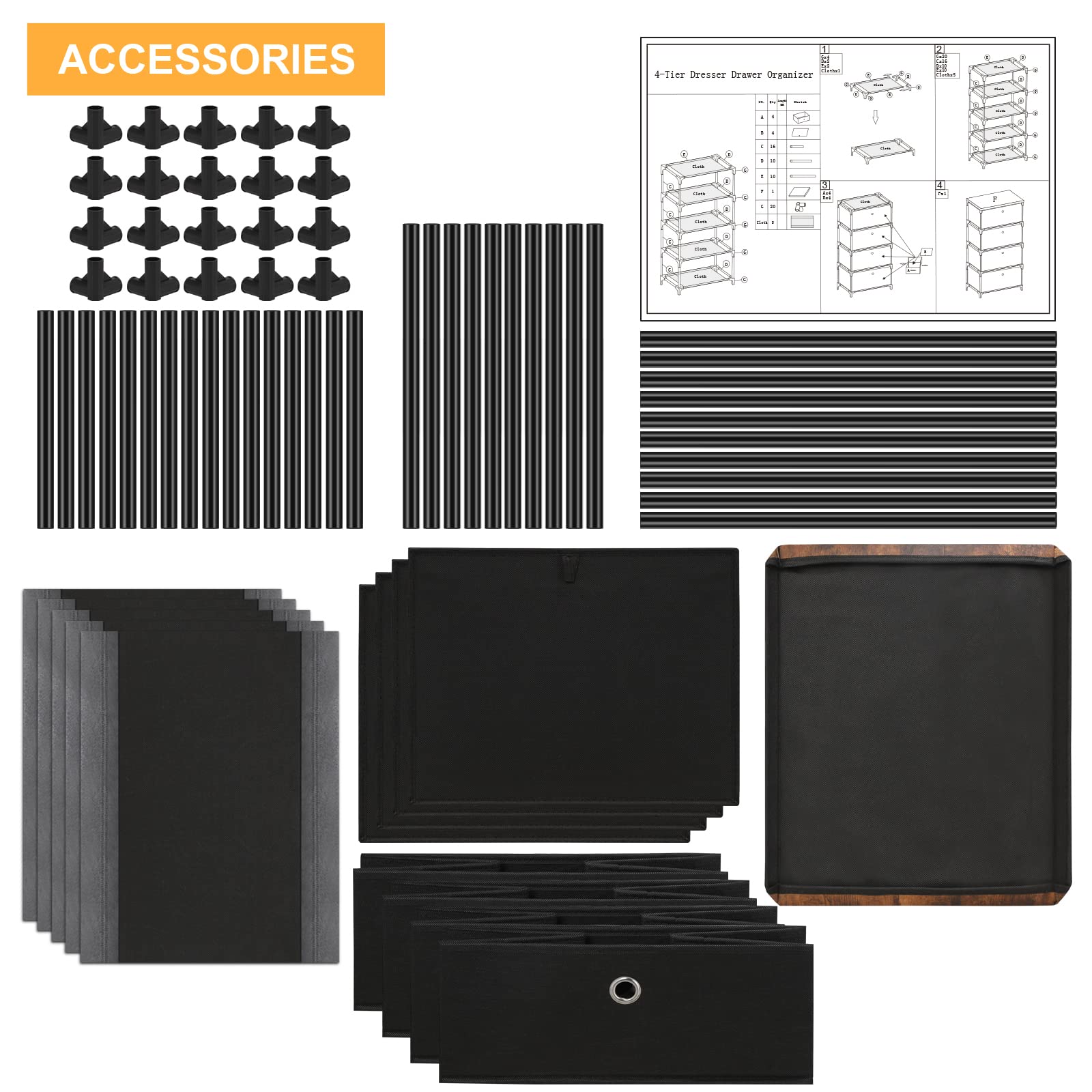 HAITRAL 4-Drawer Fabric Storage Chest - Closet Organizer for Bedroom, Dorm & Hallway (Black) - Space Saving Solution