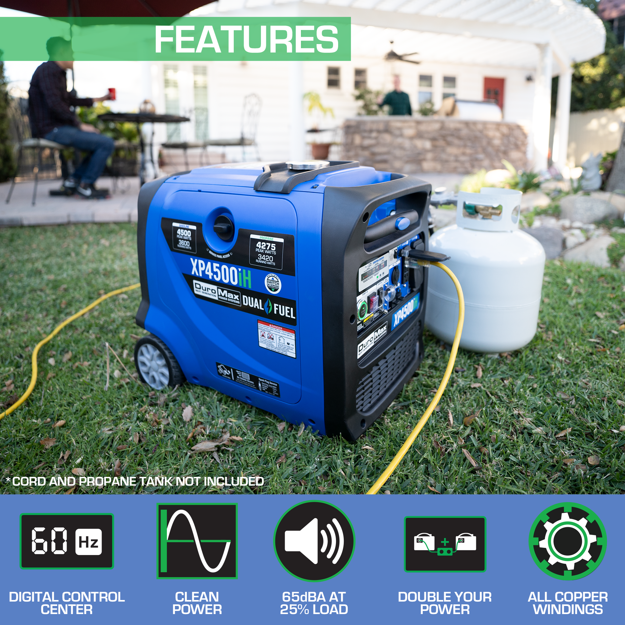DuroMax XP4500IH 3600W/4500W Portable Inverter Generator with 223cc Engine, CO Alert, Dual Fuel & Remote Start - Perfect for Camping, RV Trips & Emergency Power Backup