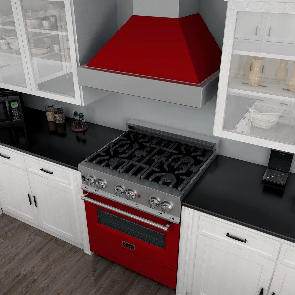ZLINE 36-inch 4.6 cu. ft. Dual Fuel Range with 6-Burner Gas Cooktop & Electric Convection Oven - Satin Stainless Steel with Red Gloss Door (RAS RG 36) | Perfect for Modern Kitchens, Home Chefs & Professional Cooking