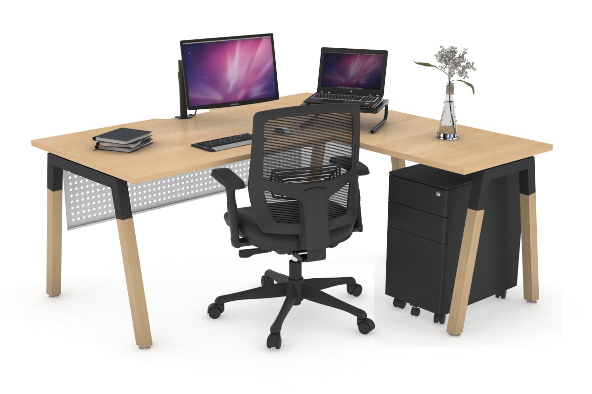L-Shaped Corner Office Desk with Quadro A Legs & Wood Cross Beam - 1400L x 1550W, Cable Management Scallop - Perfect for Home Office, Gaming Setup & Workspace Organization