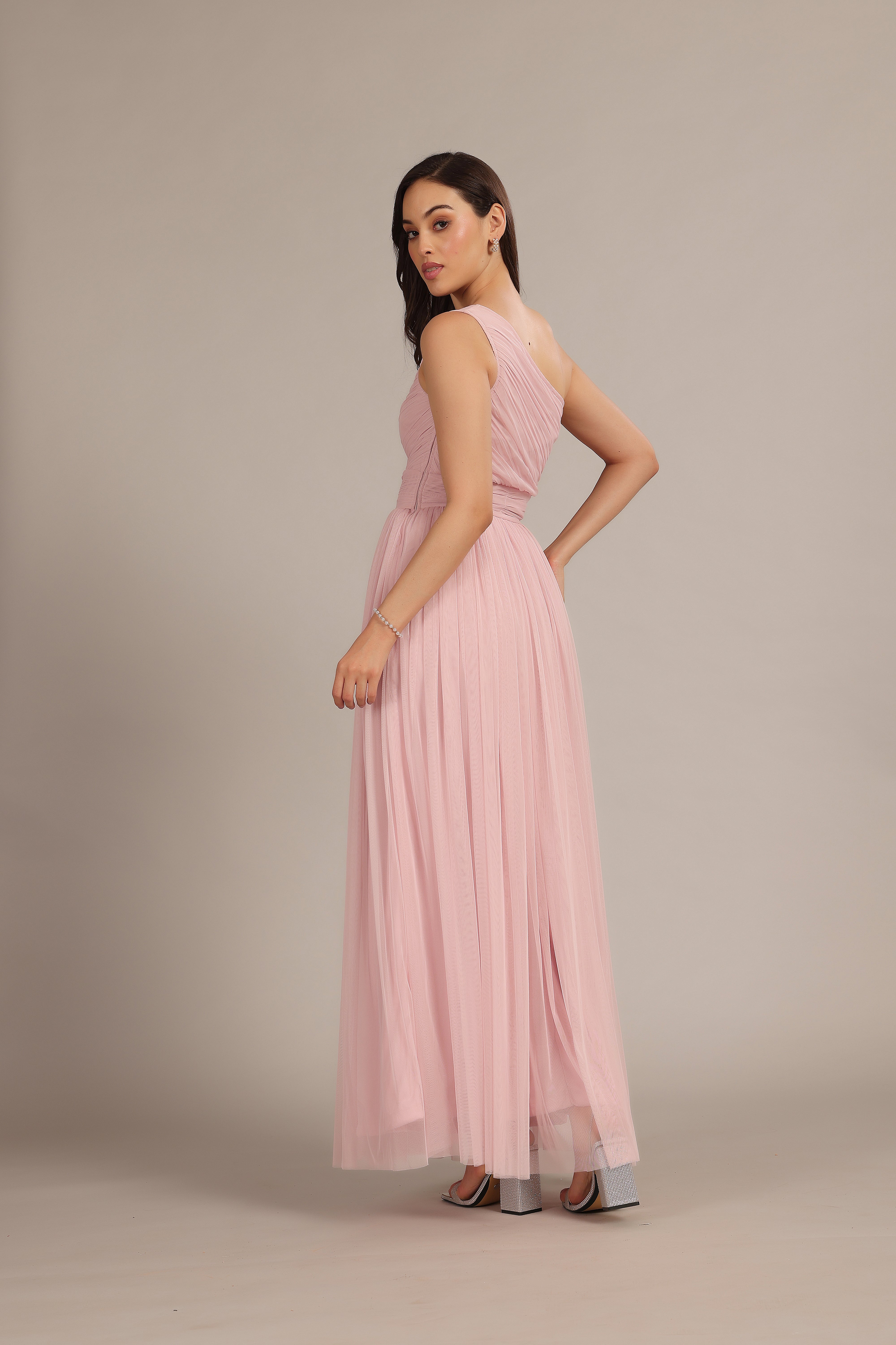 Powder Pink One Shoulder Maxi Dress for Women - Elegant Long Formal Gown for Weddings, Parties & Evening Events