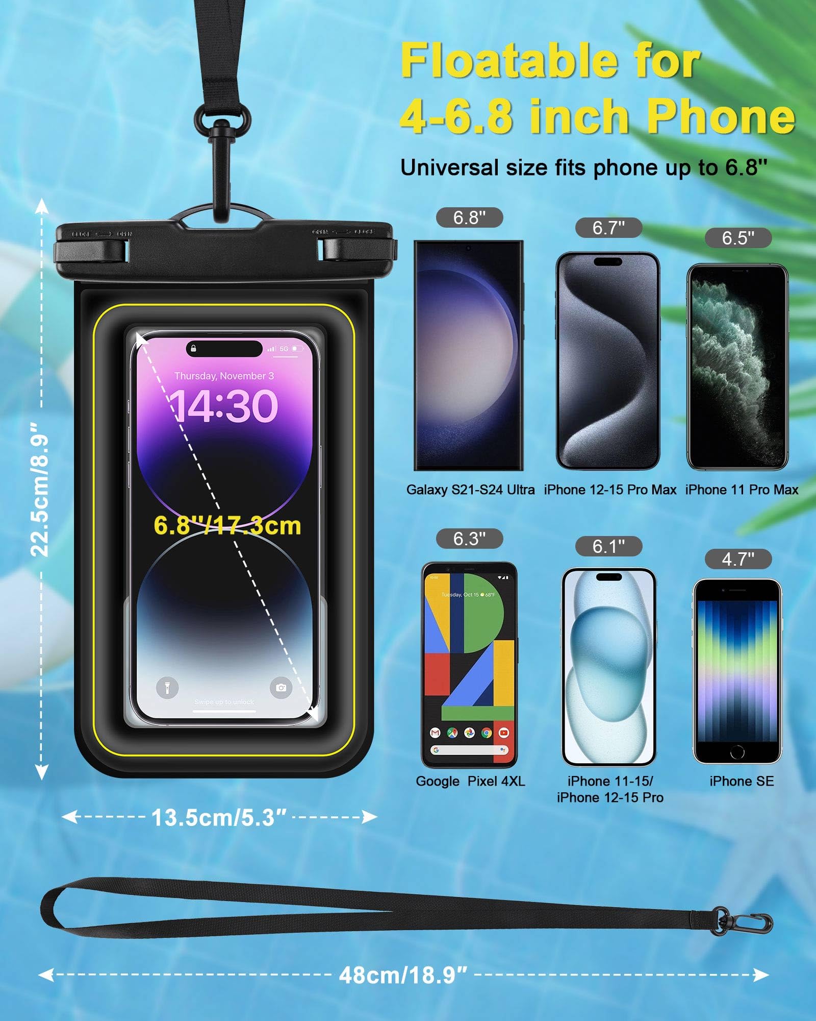 IP68 Waterproof Phone Pouch for iPhone 16 15 14 13 12 Plus Pro Max & Galaxy - Cruise, Beach, Kayak, Boat Accessories - Travel Dry Bag for Swimming, Snorkeling & Outdoor Activities - Black