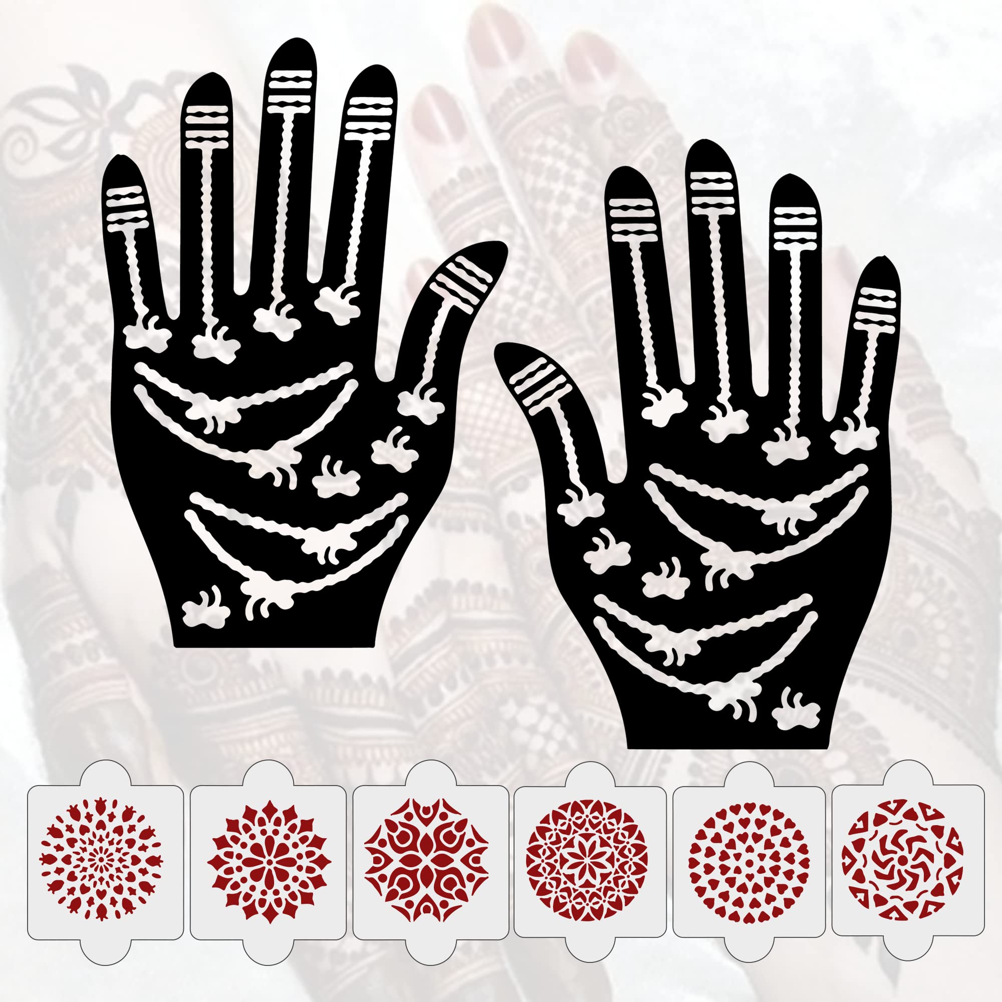 8-Piece Henna Tattoo Stencil Kit - 2 Henna Stencil Tattoos + 6 Reusable PVC Laser-Cut Stencils | Easy DIY Mehandi Designs for Hands | Perfect for Women, Girls & Kids | Great for Weddings, Parties & Festivals (IVH-60)