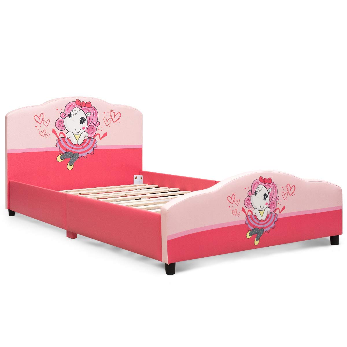 Costzon Twin Bed Frame for Kids - Wooden Upholstered Platform Bed with Slat Support, Padded Headboard & Footboard - No Box Spring Needed - Easy Assembly - Fits Standard Twin Mattress - Perfect for Little Girls' Bedrooms, Playrooms & Sleepovers