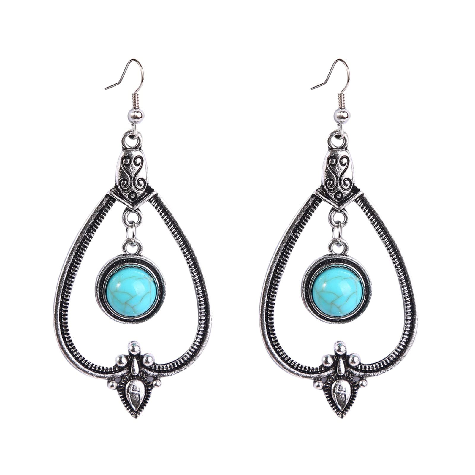 Bohemian Vintage Dangle Earrings for Women - Retro Geometric Turquoise Drop Earrings - Handmade Boho Jewelry for Casual Wear, Parties & Special Occasions
