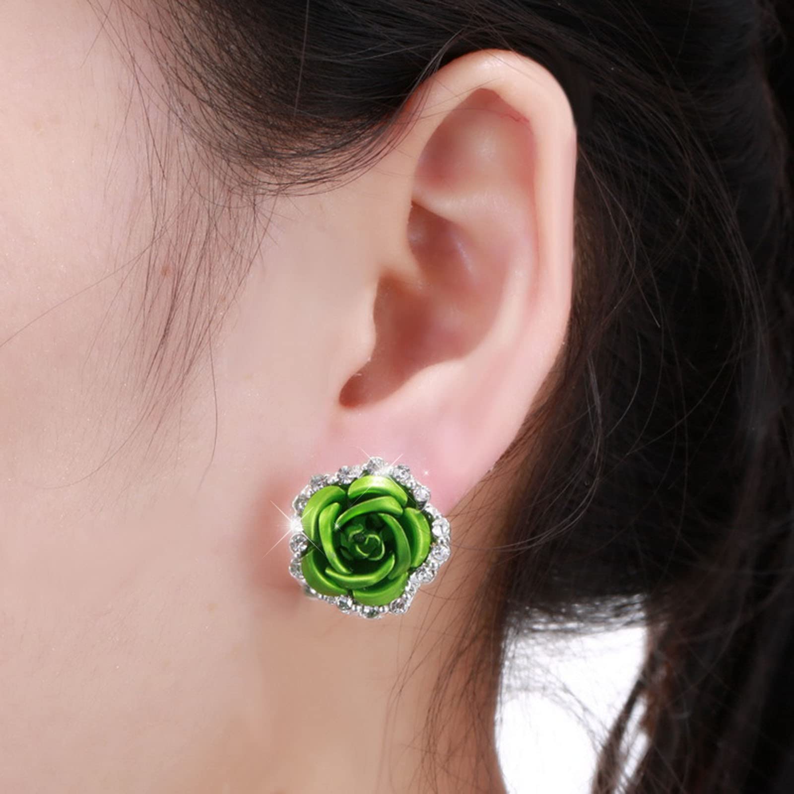 Valentine's Day Rose Rhinestone Hoop Earrings for Women - Elegant Green Stud Earrings for Wedding, Party & Date Night - One Size Metal Jewelry Accessories