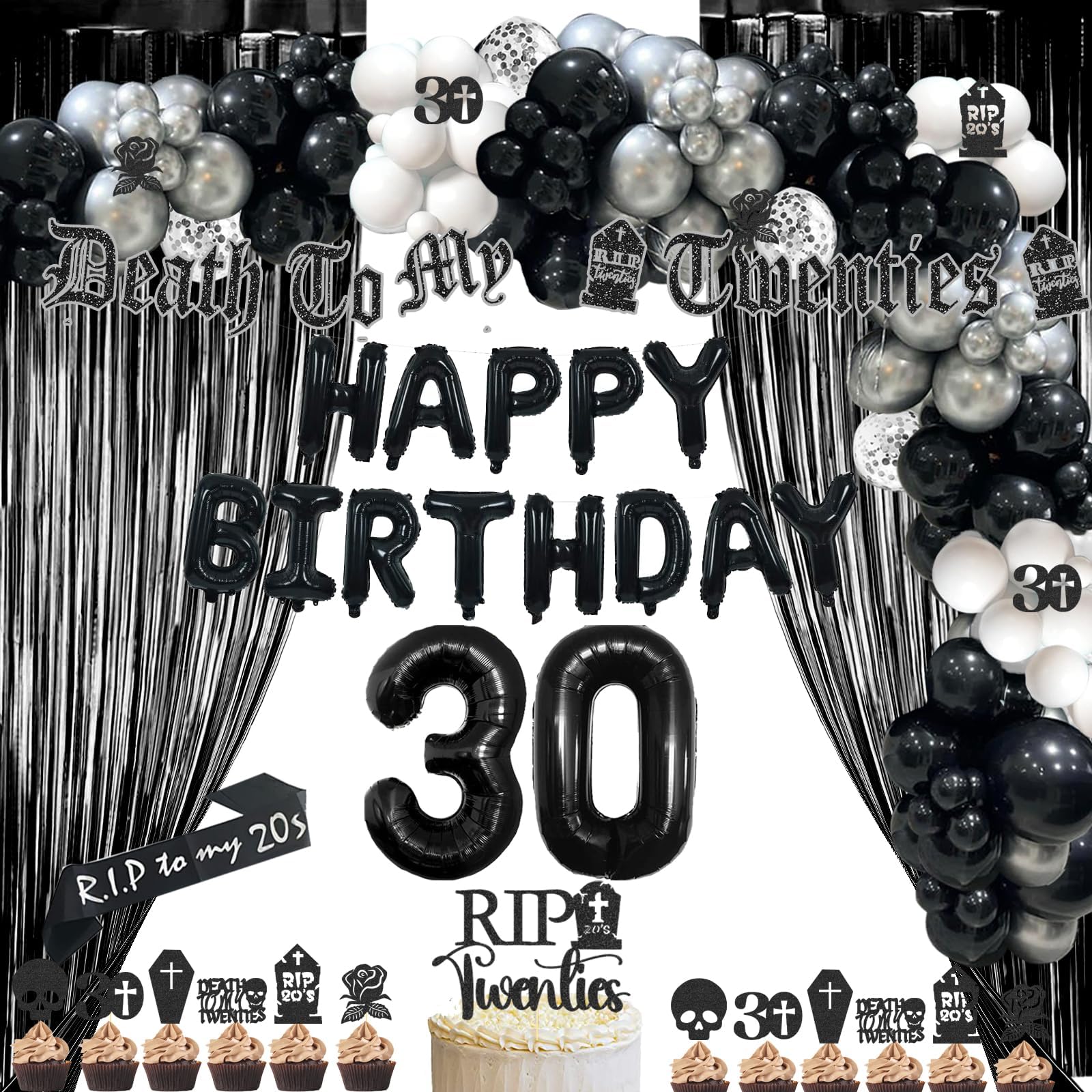 128 PCs Death To My 20s Party Decorations Kit - Funeral For My Youth 30th Birthday Supplies with Fringe Curtain, Balloon Garland, Glitter Banner, Cake Toppers & Tombstone Cutouts | Perfect for Milestone Birthday Parties, Dark Humor Celebrations & Themed Events