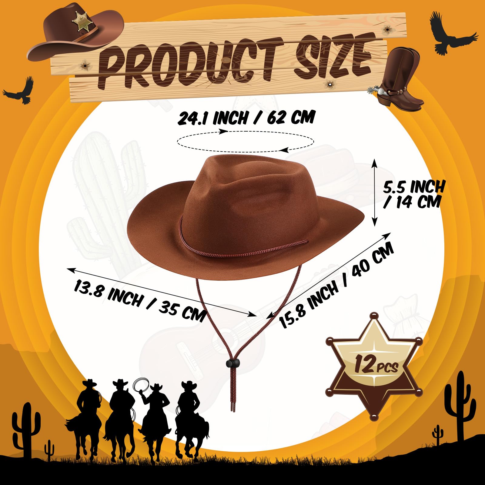 Hicarer 12-Piece Western Cowboy Hat Set - Plastic Felt Wide Brim Cowboy & Cowgirl Hats for Men & Women - Perfect for Costume Parties, Halloween, Rodeo Events & Western Themed Celebrations