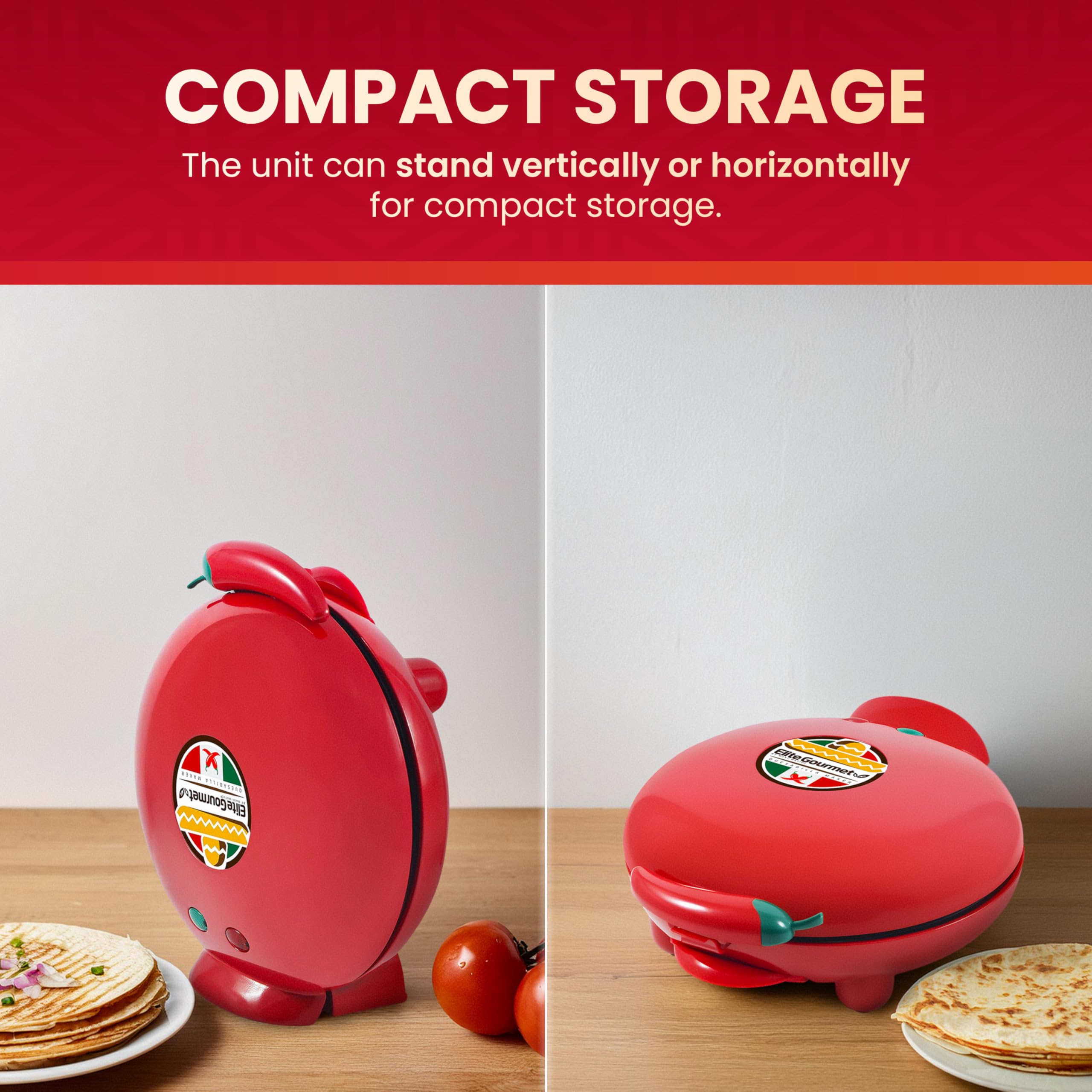Elite Gourmet EQD-413 8-Inch Electric Quesadilla Maker with Non-Stick Surface - 6-Wedge Easy Slice Design for Perfect Grilled Cheese, Corn Flour Tortillas & Snacks (Red) - Ideal for Parties, Quick Meals & Mexican Cuisine at Home