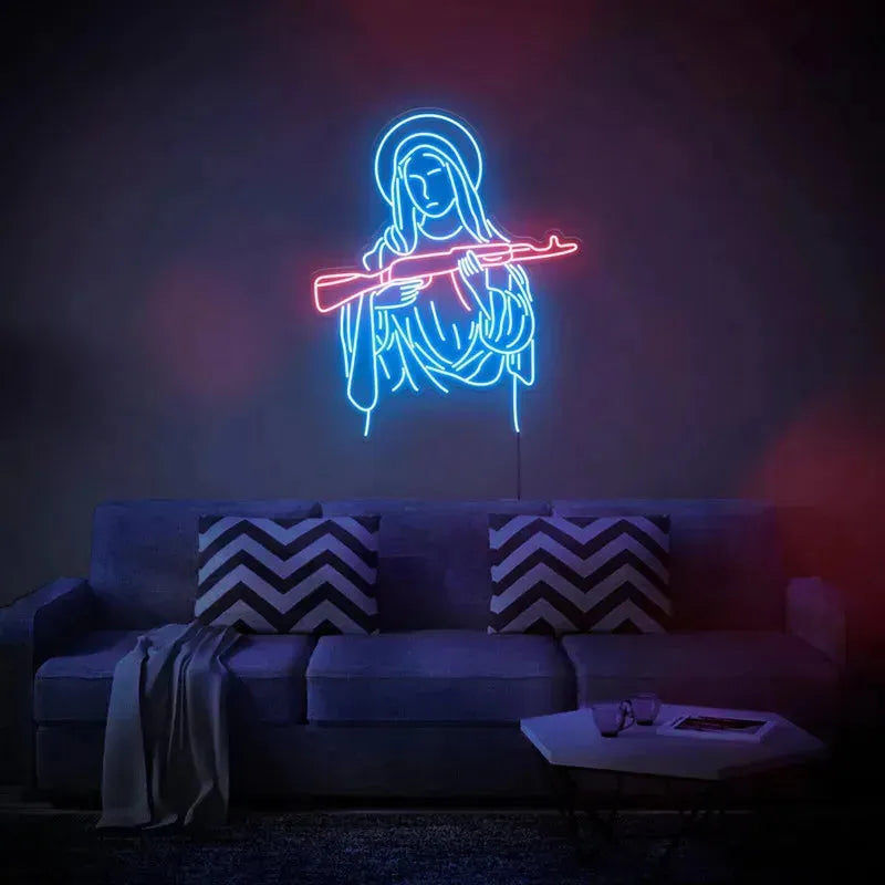 CHUANGQI Virgin Mary Neon Sign Light - USB Powered Wall Art for Home, Bar, Church & Party Decor - 42x47cm Religious Gift & Unique Atmosphere Lighting (AK47 Gun Design)