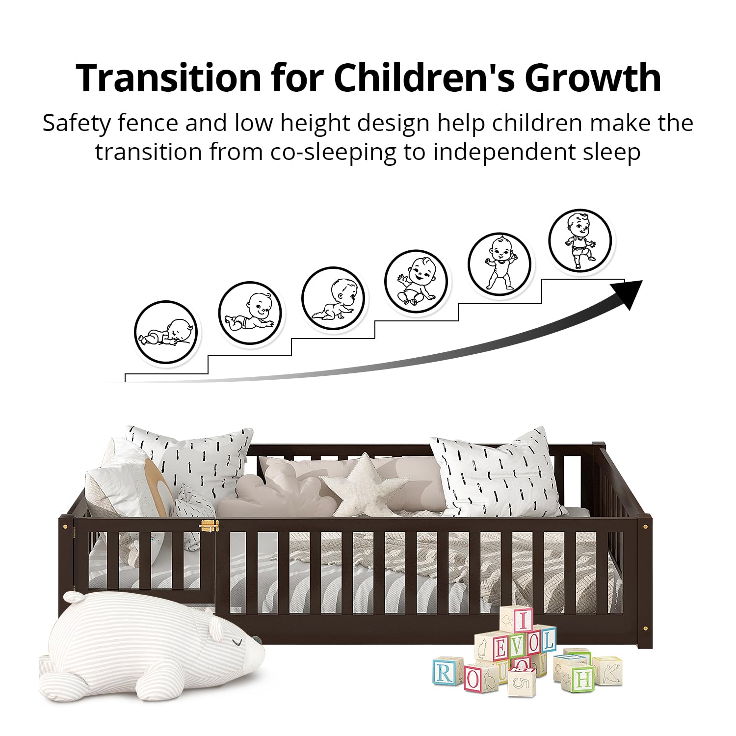 Montessori Floor Bed for Kids - Sturdy Wooden Full Size Bed Frame with Slats, Safety Fence & Door - Natural Espresso Finish - Perfect for Toddler Rooms, Daycare Centers & Montessori Classrooms