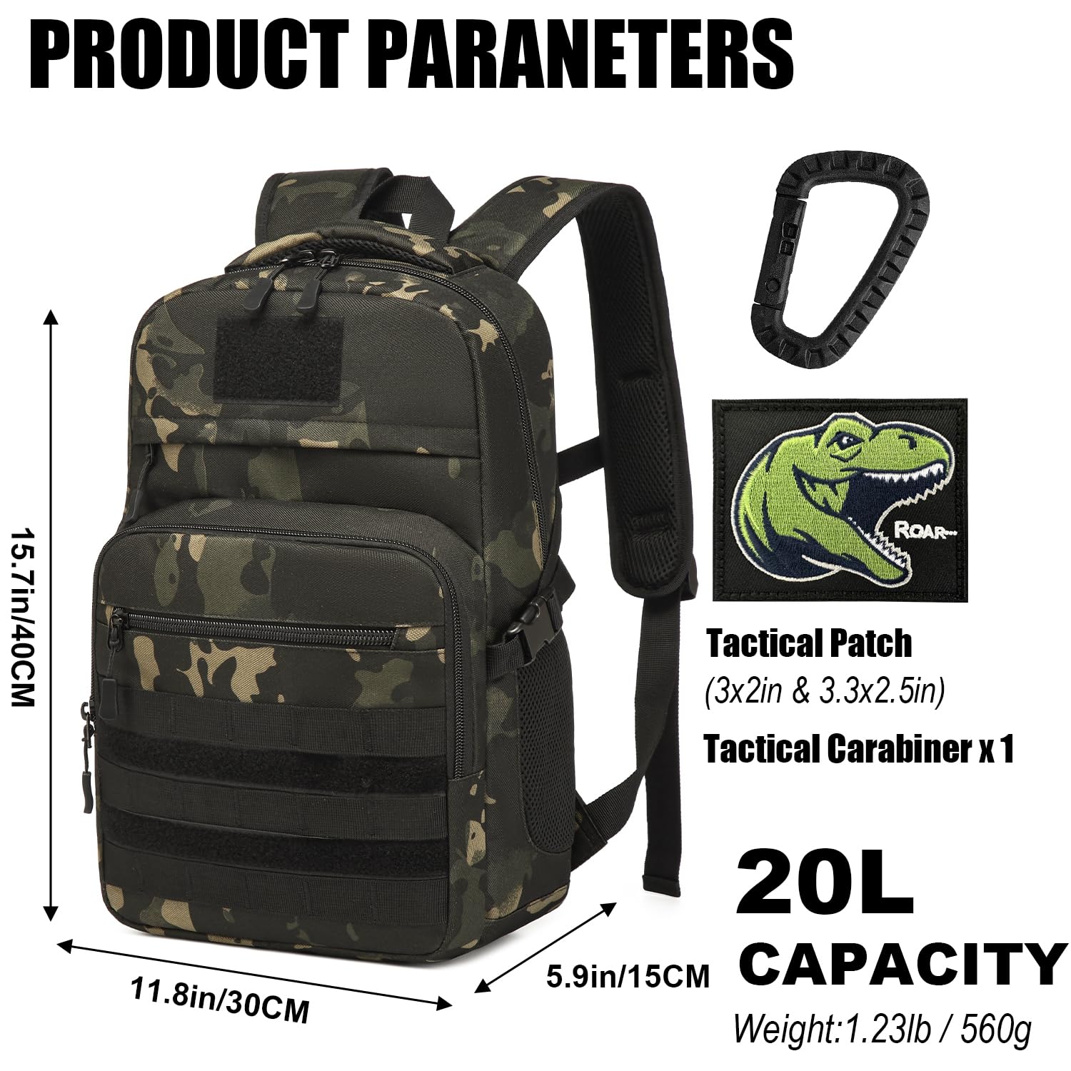 Kids Tactical Backpack - Army Molle Military School Bookbag for Boys - Waterproof Outdoor Camping Backpack with 2 Patches & Carabiner - Black Camo - Perfect for School, Hiking, Travel & Adventure Activities