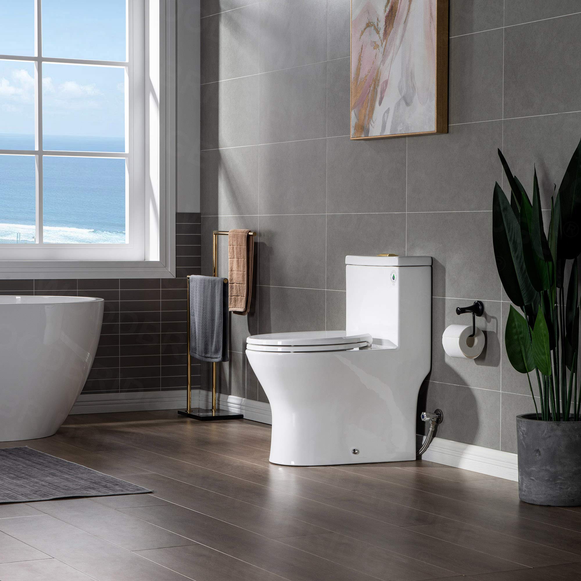 WOODBRIDGE Compact Dual Flush 1.28 GP One Piece Toilet with Soft Closing Seat - 1000 Gram MaP Flushing Score - Small Bathroom Toilet with Brushed Gold Button (B0500-BG, White) - Perfect for Tiny Bathrooms, Powder Rooms & Space-Saving Home Renovations