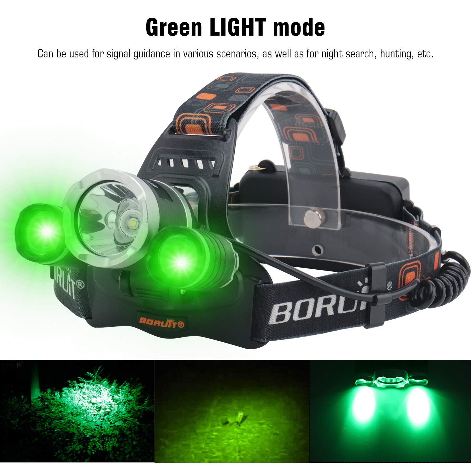 BORUIT RJ-3000 LED Green Headlamp - 5000 Lumens USB Rechargeable Hunting Headlight with 3 Modes (White/Green) - Tactical Headlamp for Fishing, Running, Camping, Hiking & Outdoor Adventures